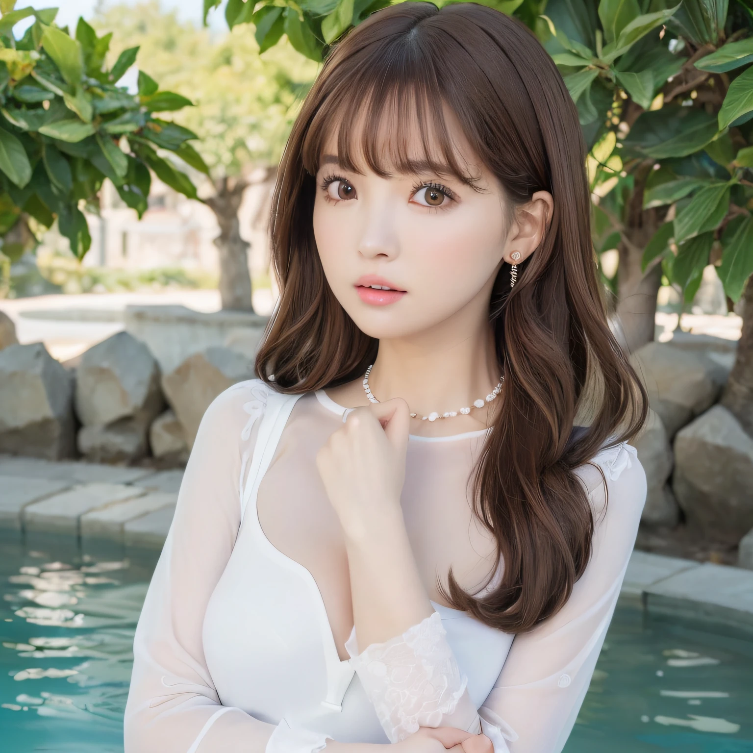 pureerosface_v1, top-quality, Photorealsitic, 8K, hight resolution, 2People Girls, femele, (Skindentation), (portlate:0.6), a gorgeous, dynamicposes, ((poolsidebackground:1.6)), coconut tree, ((Medium Size Round Breast, White blouse:1.4)), straight look at viewer:1.8, (1 Girl's eyes looking at the viewer, medium lenght hair, brown haired, Putted Bangs:1.65), (bokeh dof), (Keep your mouth shut:1.46),a necklace、