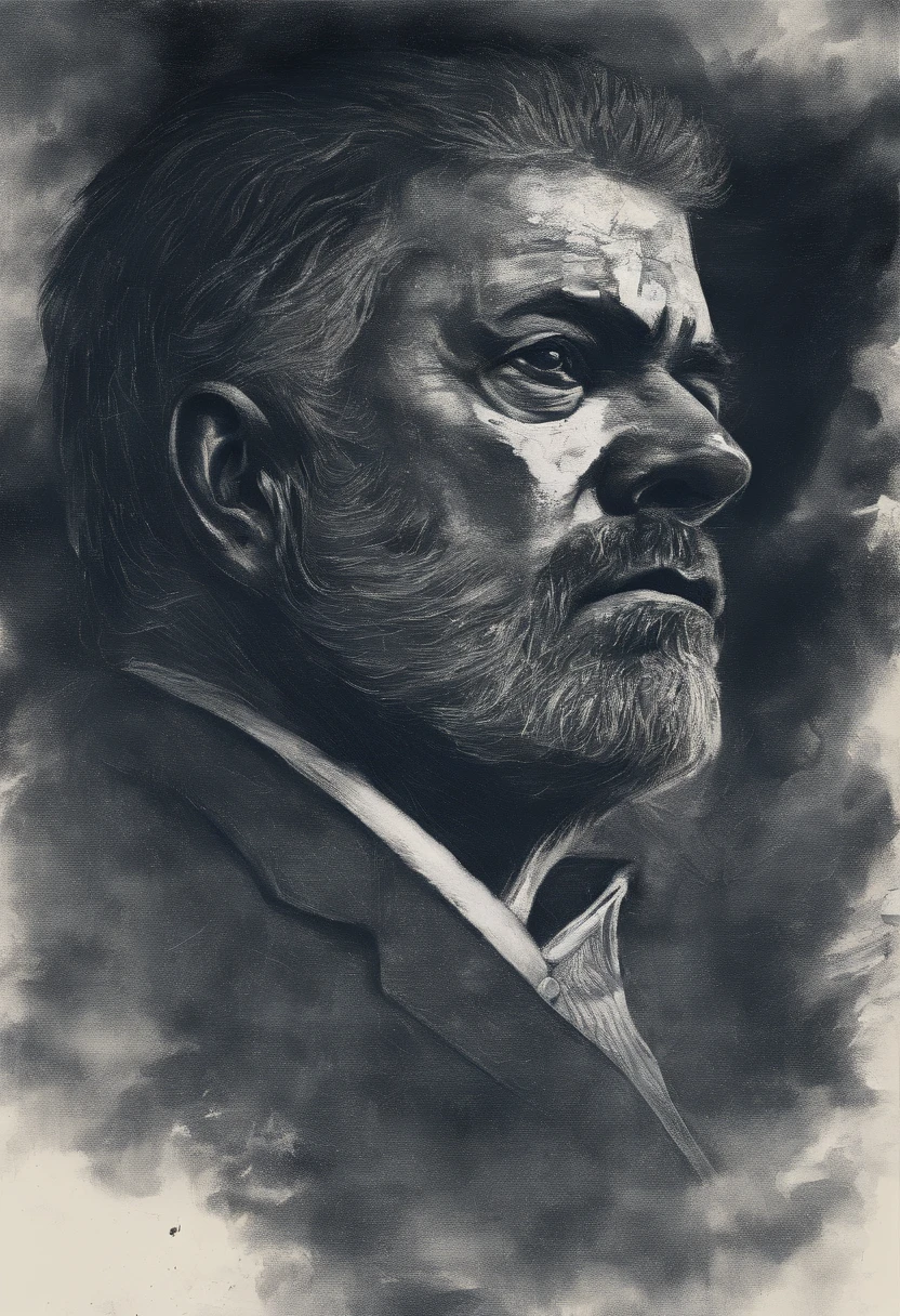 (um retrato detalhado:1.1),(Charismatic leader, Determined expression, olhos confiantes),Presidente Lula Brasil,(best quality,Altas),oil painting,Realistic,profissional,cores ricas,soft lighting,pinceladas sutis,lush vegetation,Traje Tradicional,strong facial features,barba branca,longos cabelos prateados,poderoso orador,Energetic gestures,Strong physique,fundo contemplativo,Blue sky and clouds,pessoas torcendo ao fundo,bandeira do brasil,inspiring crowd,Lula's fingerprint on the board,Influential leader,historic moment,CELEBRATORY ATMOSPHERE, roupa de prisioneiro