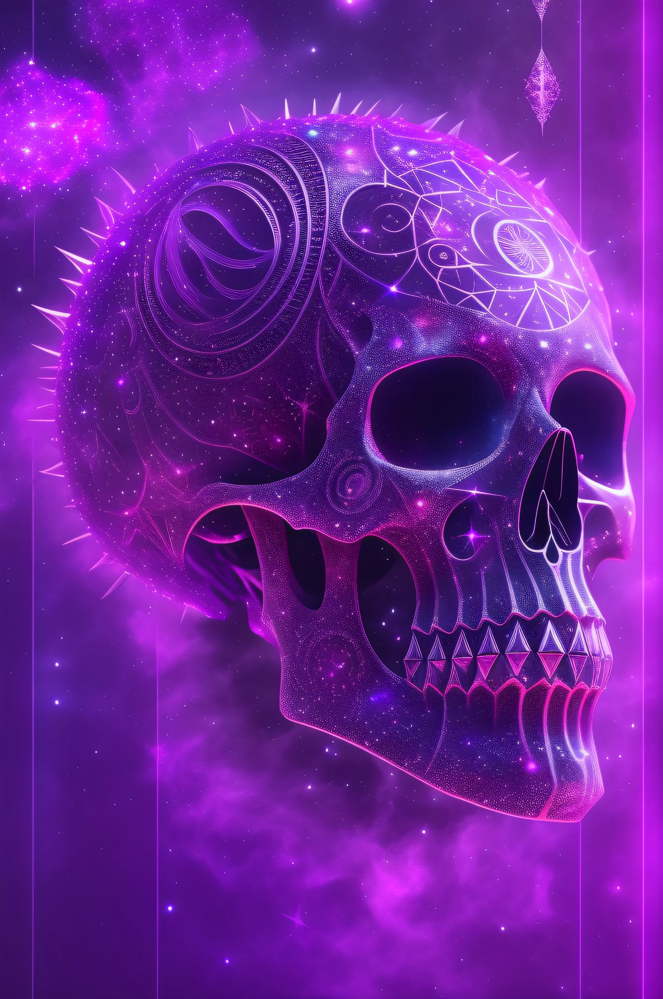 galaxias, spirals, space, Starcloud, stars, Smoke, glitters, intricately details, The shape of a punk skull, full bodyesbian ,rendering by octane, Ultra photo realsisim , rendering by octane, 8K, uplit ,lilac colors,DreamlikeArt