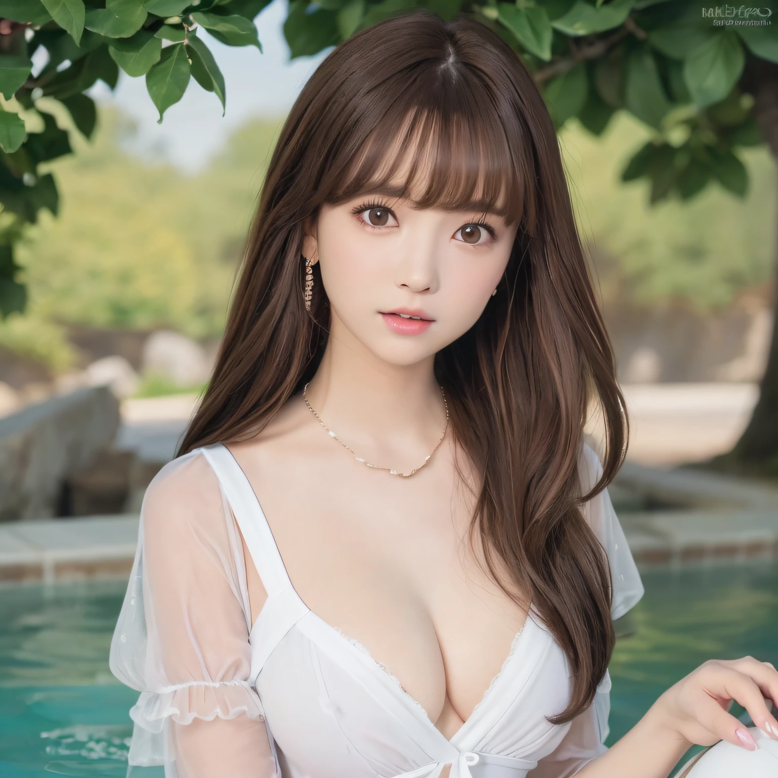 pureerosface_v1, top-quality, Photorealsitic, 8K, hight resolution, 2People Girls, femele, (Skindentation), (portlate:0.6), a gorgeous, dynamicposes, ((poolsidebackground:1.6)), coconut tree, ((Medium Size Round Breast, White blouse:1.4)), straight look at viewer:1.8, (1 Girl's eyes looking at the viewer, medium lenght hair, brown haired, Putted Bangs:1.65), (bokeh dof), (Keep your mouth shut:1.46),a necklace、