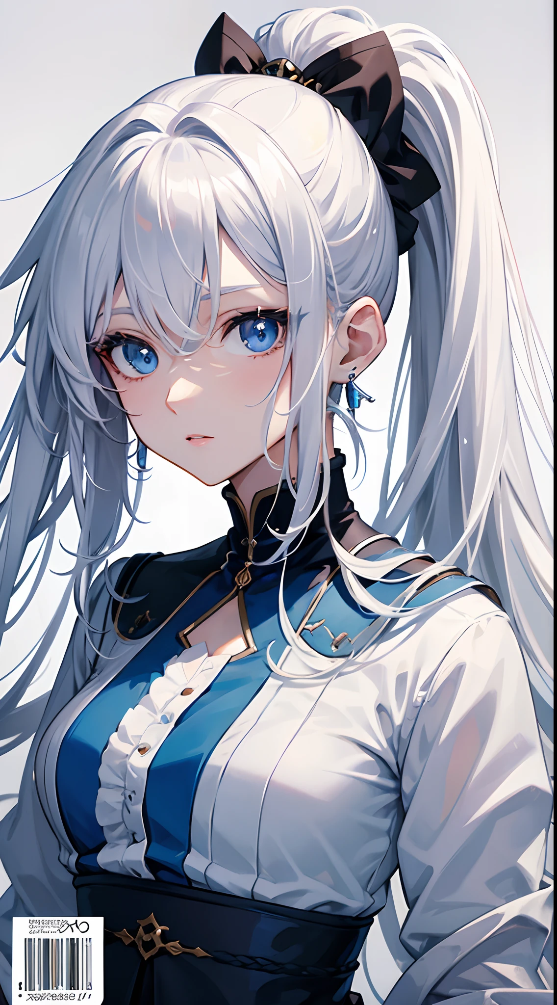 Cover magazine, anime, woman, solo, long hair, white hair, blue eyes, model, beautiful, fantasy, Casual clothes. Hair accessories. Unusual hairstyles. Earrings. Upper body potrait. Ponytail
