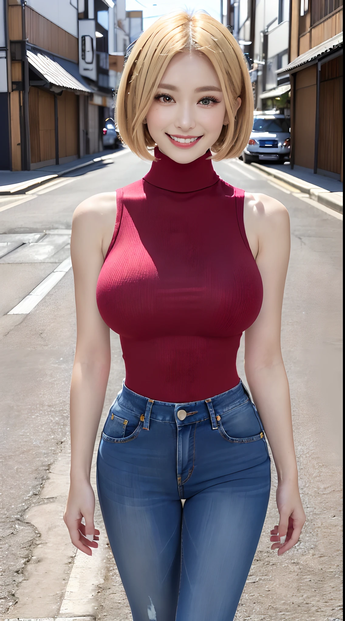 8K, 超A high resolution, Best Quality, masutepiece、超A high resolution、top-quality、 (quite massive chest、Pretty big breasts、Stand with legs quite large and open to the side:1.3)(Red Sleeveless Turtleneck、Blue denim、Beautiful Japan Woman、(Blonde Short Bob)Super cute、Cute smile:1.25)(in a street)Combat boots