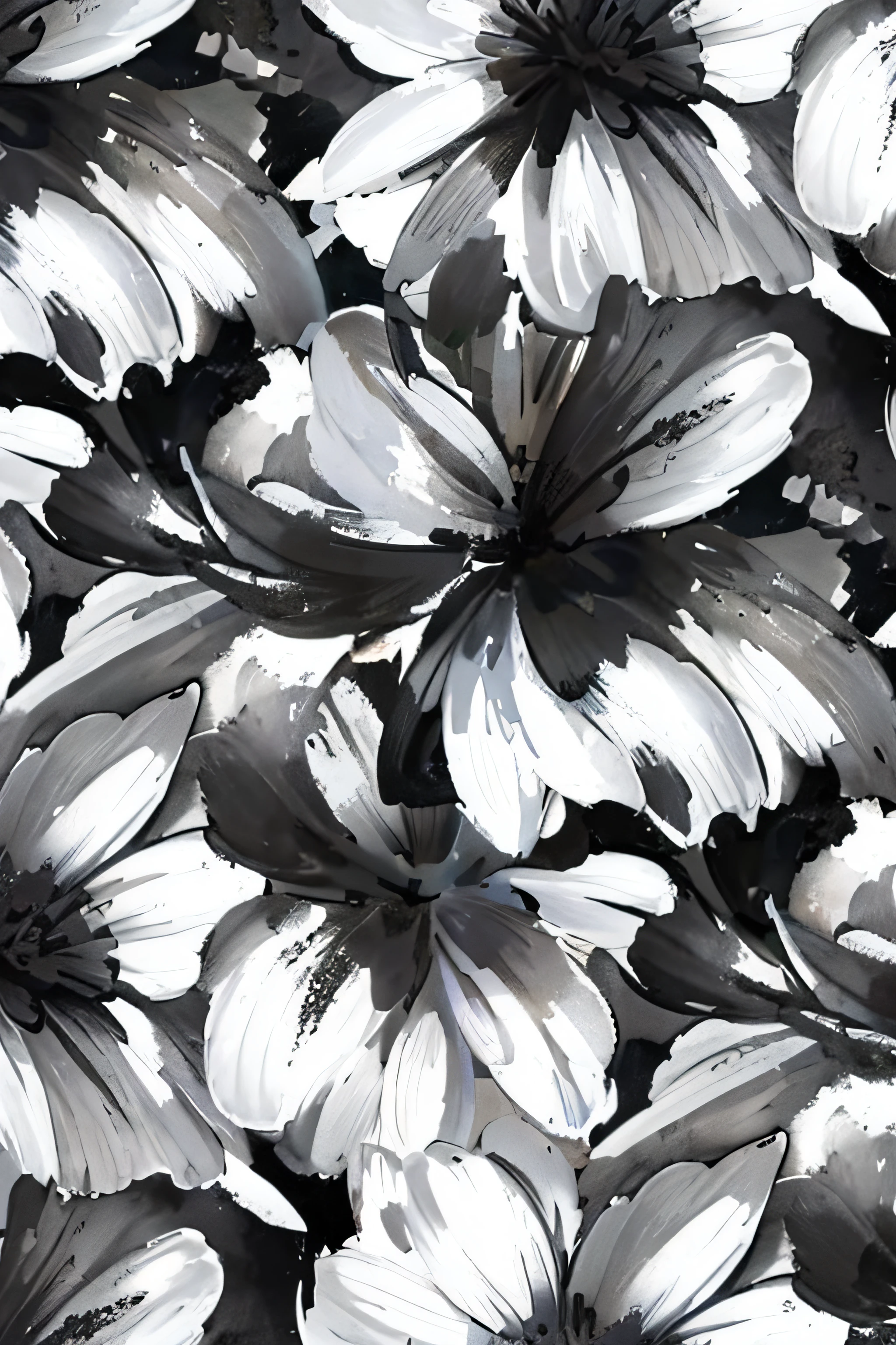 A closeup of a bouquet of flowers that are on a table, Aquarela preta e branca, monochrome black and white, dramatic black and white, pintura em preto e branco, sketch black and white colors, black and white monochrome, black and white ink ', Estilo de tinta preto e branco, Tinta preto e branco, preto & arte branca, pintura a tinta preta, estilo de tinta sumi