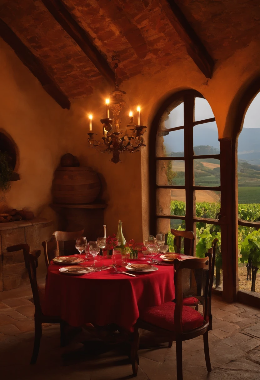 Italian winery, Rustic table, Free space in the middle, copos, velas e lareira ao fundo, Bonding of Utensils. Italy