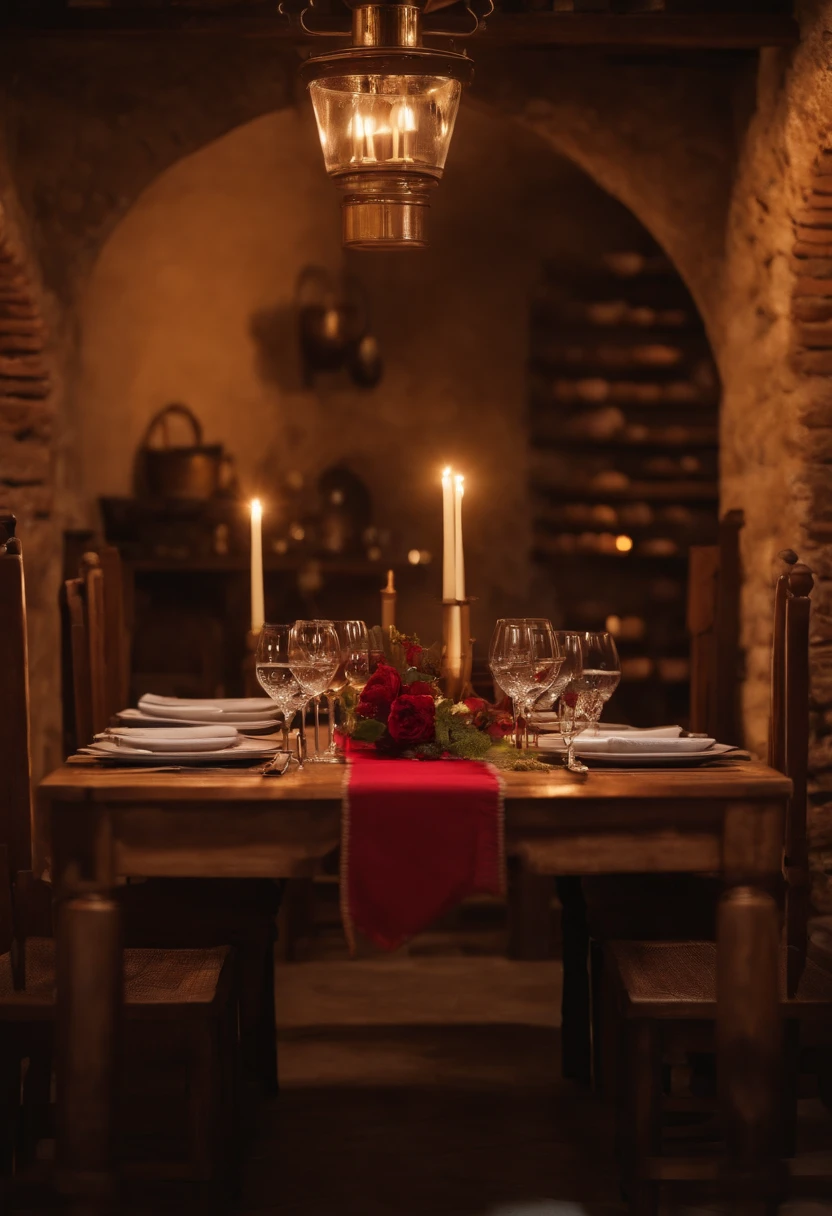 Italian winery, Rustic table, Free space in the middle, copos, velas e lareira ao fundo, Bonding of Utensils. Italy