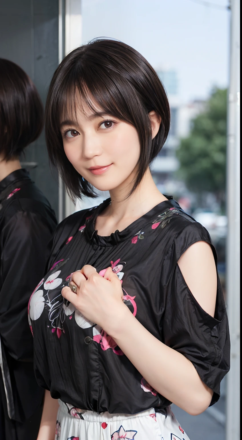 58
(a 20 yo woman), (A hyper-realistic), (masutepiece), ((A dark-haired、short-hair:1.3)), (Breast), kindly smile, (Clothes printed with anime characters)