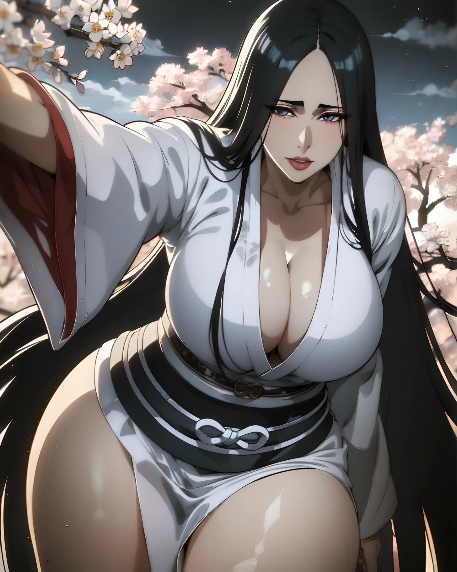 Solo,cleavage, haori, thick thighs, outstanding details, blood,big breasts , moon , kimono, parted lips, katana, standing up,huge boobs,big ass