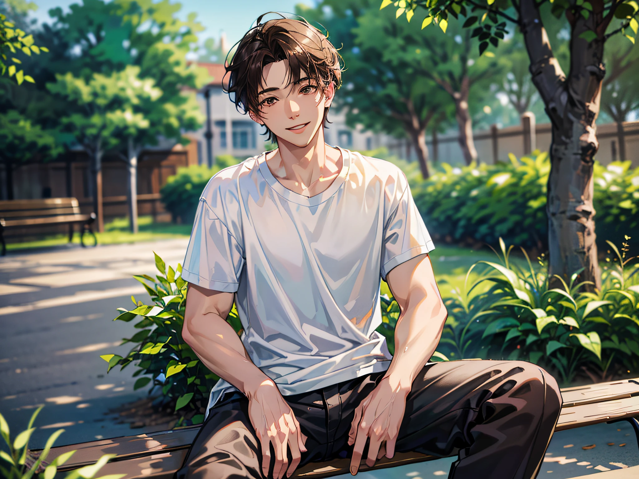 (absurdres, highres, ultra detailed, HDR), masterpiece, best quality, 1boy, solo, handsome, dark brown hair, finely eye and detailed face, forehead, ((loose white t-shirt)), sneaker, (pale and white skin), look at viewer, ear piecing, , smile, sitting on bench, park in background, full body view