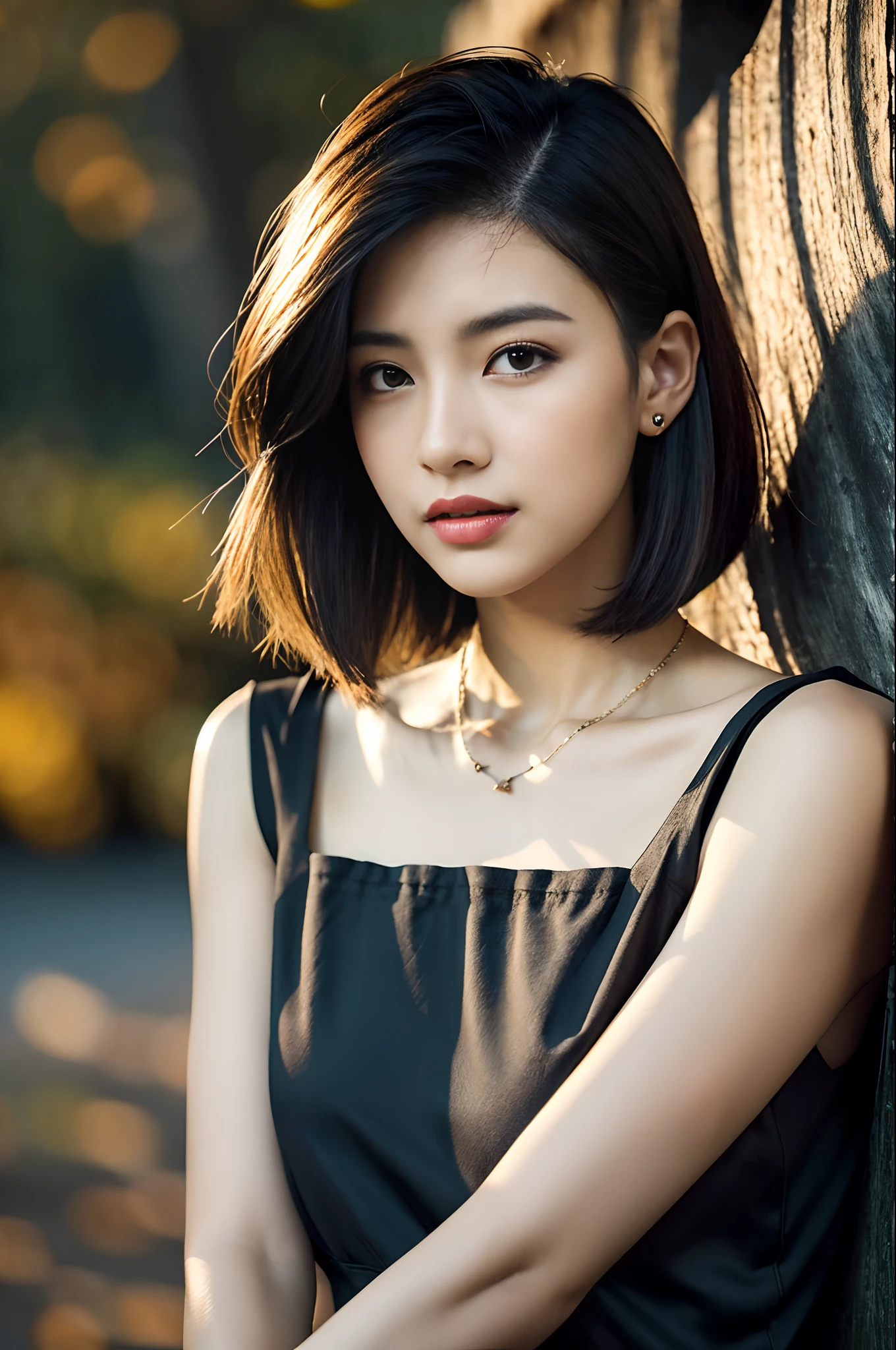 a 20 yo woman、(hi-top fade:1.3)、length hair、Dark theme、soothing tones、Subdued Color、highly contrast、(natural skin textures、Hyper-Realism、Soft light、sharp)、Beginning of autumn、Gorgeous Autumn Dresses、a necklace、A bracelet、耳Nipple Ring