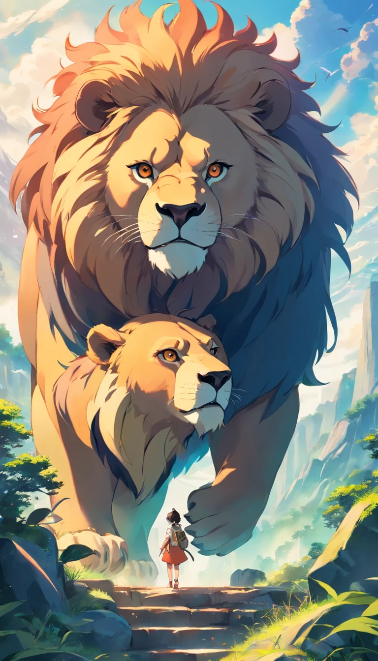 Is the king of beasts a lion??？a bear？, Look up at the composition, Savannah living from the sky, inspired by Cyril Rolando, dreamy psychedelic anime, colorful anime movie background, a beautiful artwork illustration, Authors：Sitao, colorful concept art,  by Cyril Rolando, in style of cyril rolando, Smart brave lion and ferocious bear、grizzly bear、 Highly detailed watercolor in 8K, highly detailed watercolor 8 K，octans，sona，Realistic，8K，Shinkai Makoto style( Reasonable design, ligne claire, High Sharpness,Best Quality, Very detailed, Master Parts, Movie Light Effects, 4K )