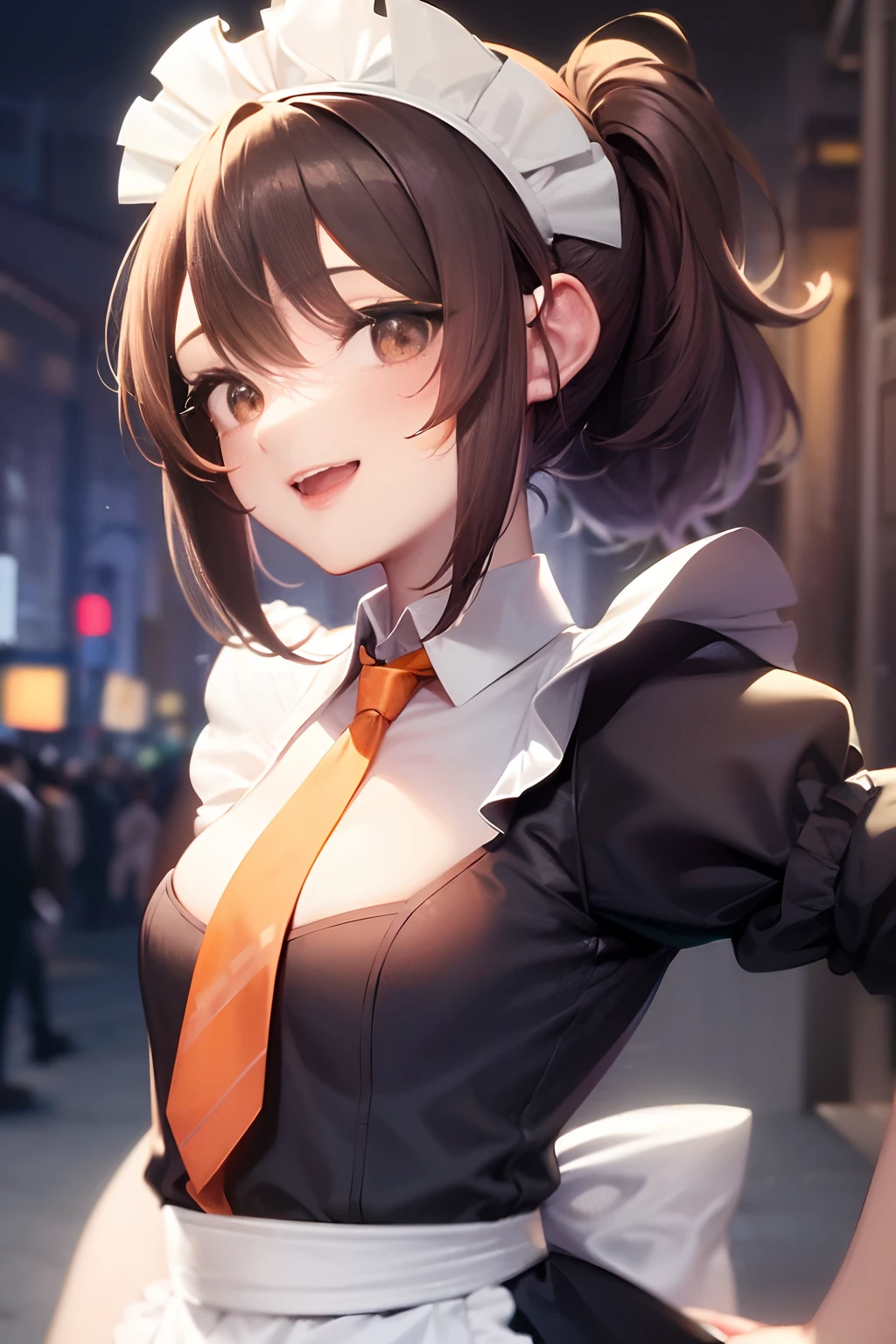((Maids:1.5)), ((Maid costume:1.5)), BREAK, ((In Kyoto Animation Style)), masutepiece, Professional Lighting, Detailed face, Detailed eyes, super precision, Extremely beautiful, Princess Face, 1 girl, Sexy Girl, ((Solo:1.5)), 20 years old, ((Cowboy Shot:1.5)), Dynamic Poses, Cute face, Boyish girl, BREAK, ((Dark hair:1.5)), ((shorth hair:1.5)), Straight hair, ((Short ponytail)), Black eyes, ((Smaller breasts)), BREAK, ((orange necktie:1.5)), akihabara, A city scape, ((A slight smil)), Slightly open mouth, (Walking), kawaii faces, (Full body),