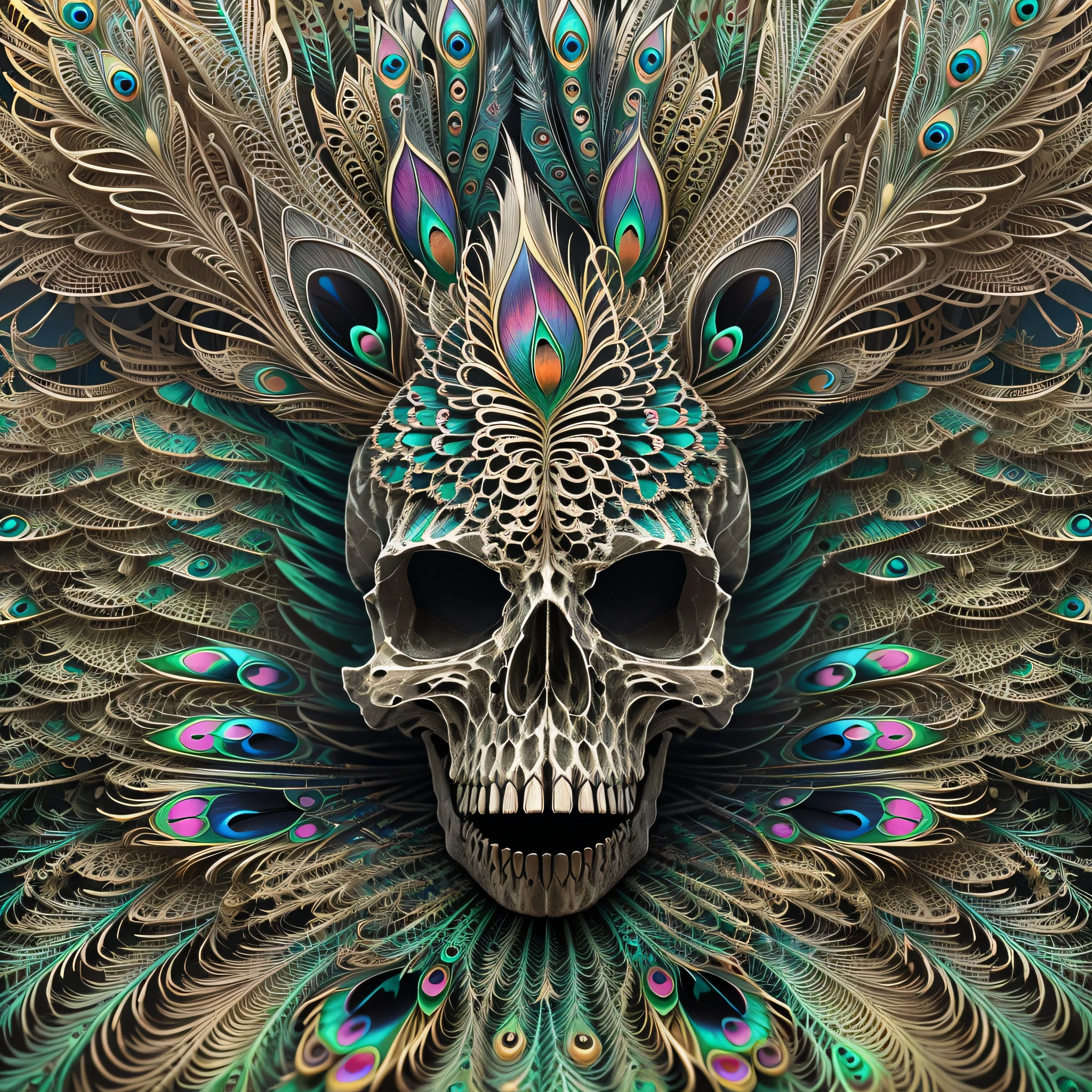 （skeleton head），The is very detailed，（s fractal art：1.2），Extremely colorful,Mostly a lot(Peacock feathers),Most detailed， (abstract backgrounds:1.5),  (many color:1.4), (Photorealistic:1.2),(depth of fields),((Best quality,4K,8K,A high resolution,Masterpiece:1.2)),