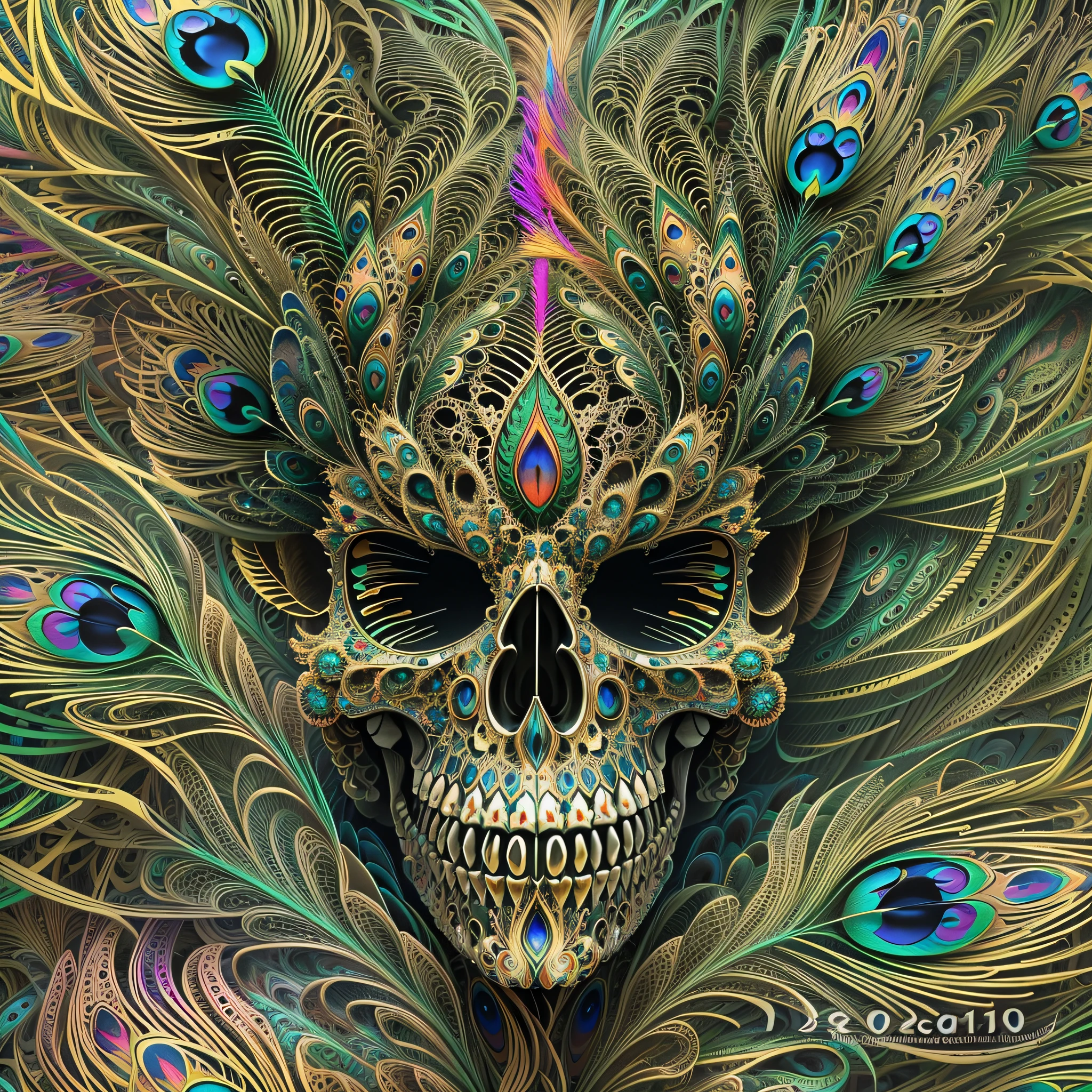 (skeleton head),The is very detailed,(s fractal art:1.2),Extremely colorful,Mostly a lot(Peacock feathers),Most detailed, (abstract backgrounds:1.5), (many color:1.4), (Photorealistic:1.2),(depth of fields),((Best quality,4K,8K,A high resolution,Masterpiece:1.2)),