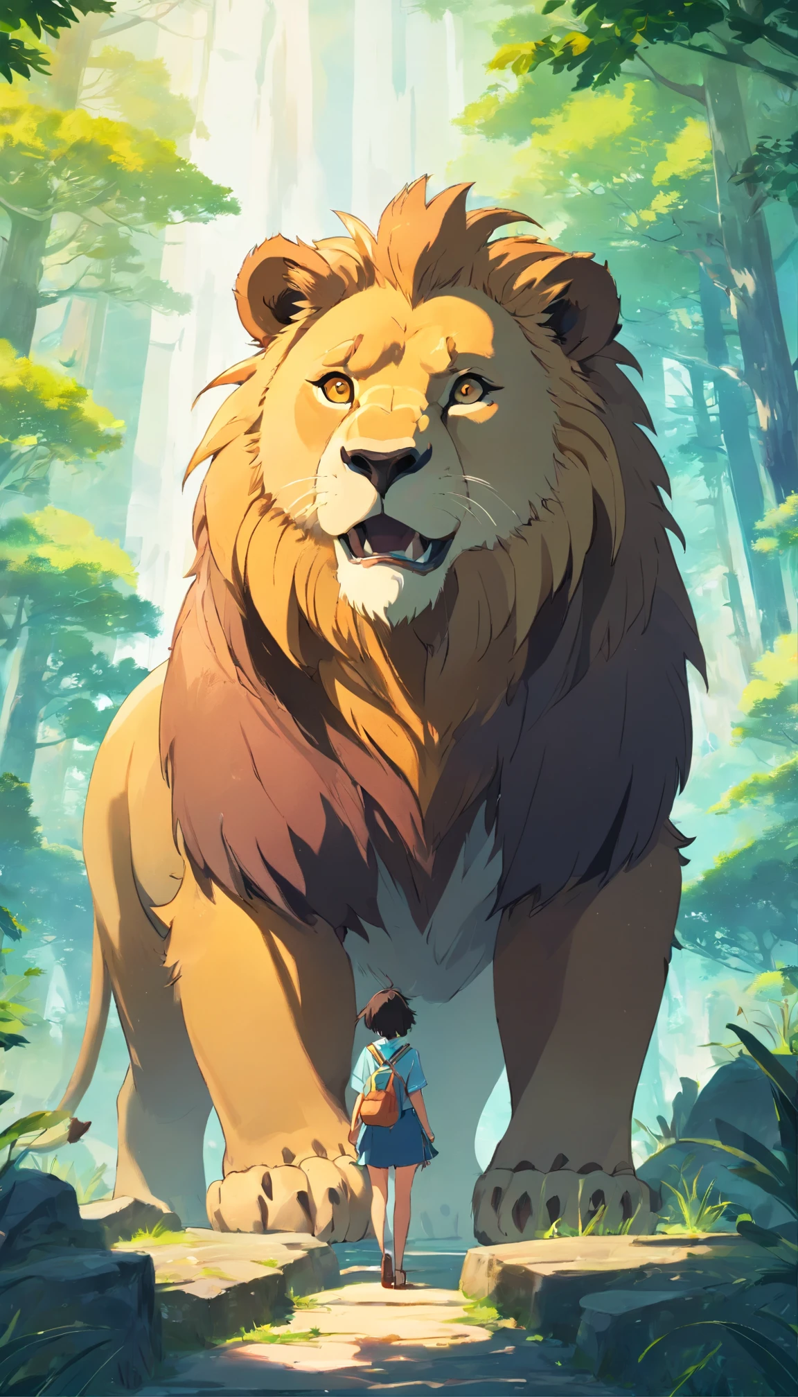 Is the king of beasts a lion???a bear?, Look up at the composition, Savannah living from the sky, inspired by Cyril Rolando, dreamy psychedelic anime, colorful anime movie background, a beautiful artwork illustration, Authors:Sitao, colorful concept art, by Cyril Rolando, in style of cyril rolando, Smart brave lion and ferocious bear、grizzly bear、 Highly detailed watercolor in 8K, highly detailed watercolor 8 K,octans,sona,Realistic,8K,Shinkai Makoto style( Reasonable design, ligne claire, High Sharpness,Best Quality, Very detailed, Master Parts, Movie Light Effects, 4K )