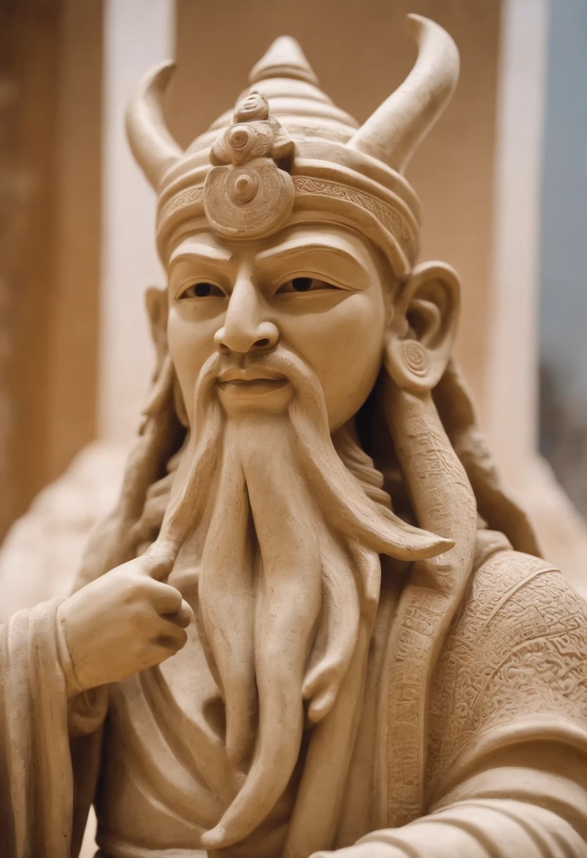 There were male warriors from the ancient kingdom of Shu,Holding glowing white ivory in both hands, God Ifa, Charming pagan male god, giant clay statue, Full body like,in a panoramic view,Anunaki making humans, a massive celestial giant god, Characteristics of the Shang Dynasty in China, Celtic Horn God, Gold Mask,Statue of a cube and a ring, Shamans supporting space, Sculpture in the Single Clay Museum, Ancient antler god,At the foot of the statue, A small human is raising his head