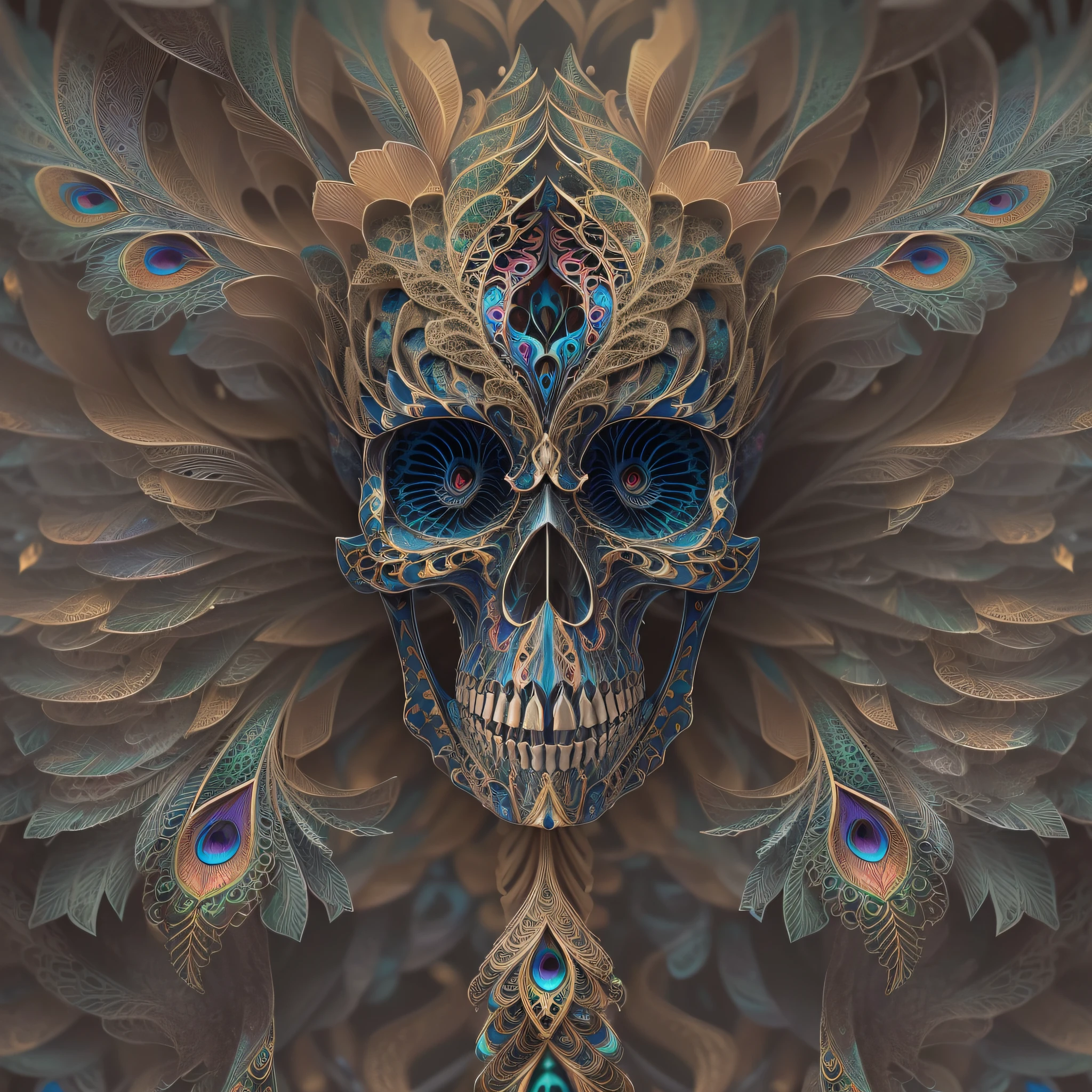 (skeleton head),The is very detailed,(s fractal art:1.2),Central symmetry,Extremely colorful,Lots of peacock feathers,Most detailed, (abstract backgrounds:1.5), (many color:1.4), ((Best quality,4K,8K,A high resolution,Masterpiece:1.2)),((super ultra detail)),((Realistic,Photorealistic,photo-realistic:1.37))