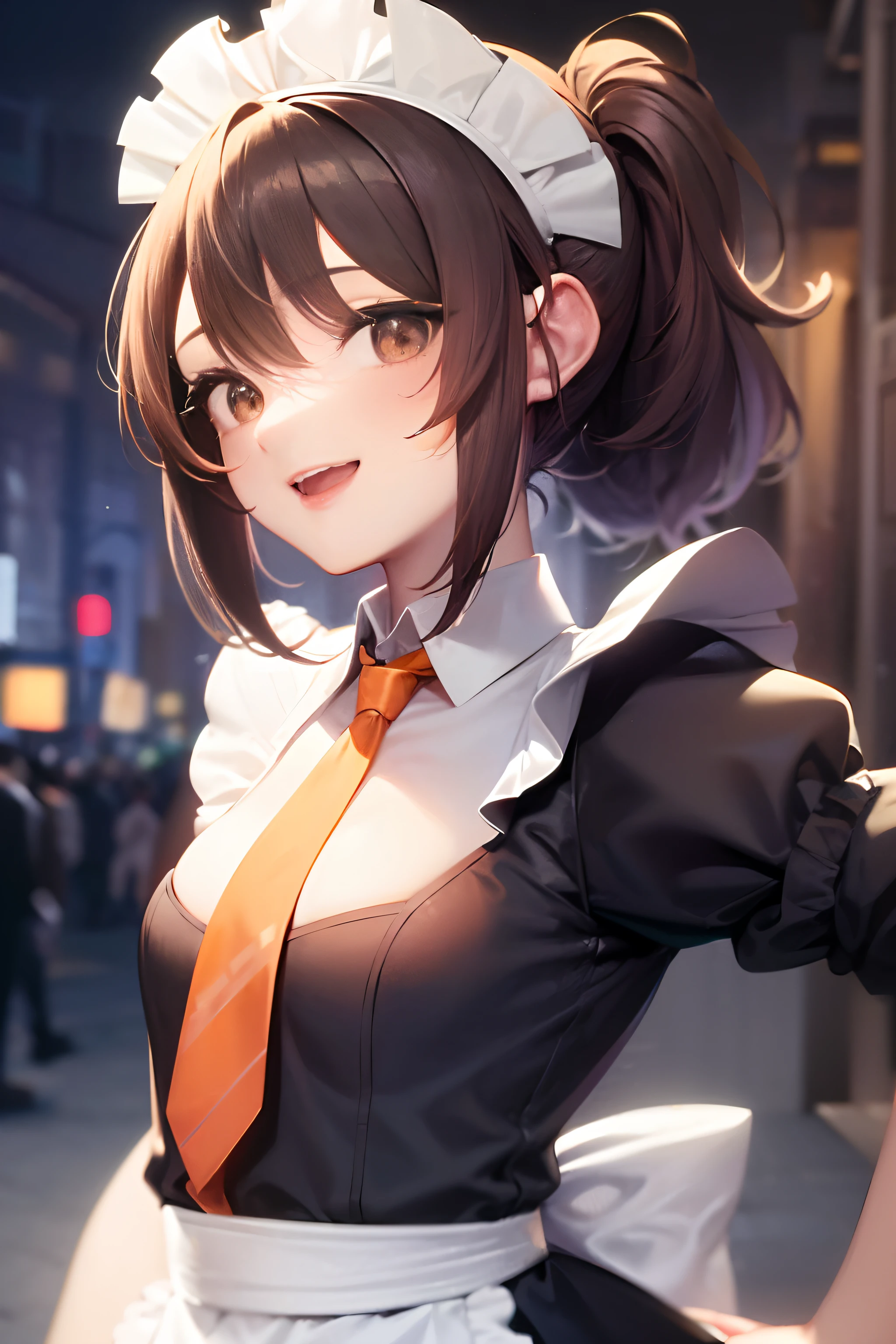 ((Maids:1.5)), ((Maid costume:1.5)), BREAK, ((In Kyoto Animation Style)), masutepiece, Professional Lighting, Detailed face, Detailed eyes, super precision, Extremely beautiful, Princess Face, 1 girl, Sexy Girl, ((Solo:1.5)), 20 years old, ((Cowboy Shot:1.5)), Dynamic Poses, Cute face, Boyish girl, BREAK, ((Dark hair:1.5)), ((shorth hair:1.5)), Straight hair, ((Short ponytail)), Black eyes, ((Smaller breasts)), BREAK, ((orange necktie:1.5)), akihabara, A city scape, ((A slight smil)), Slightly open mouth, (Walking), kawaii faces, (Full body),