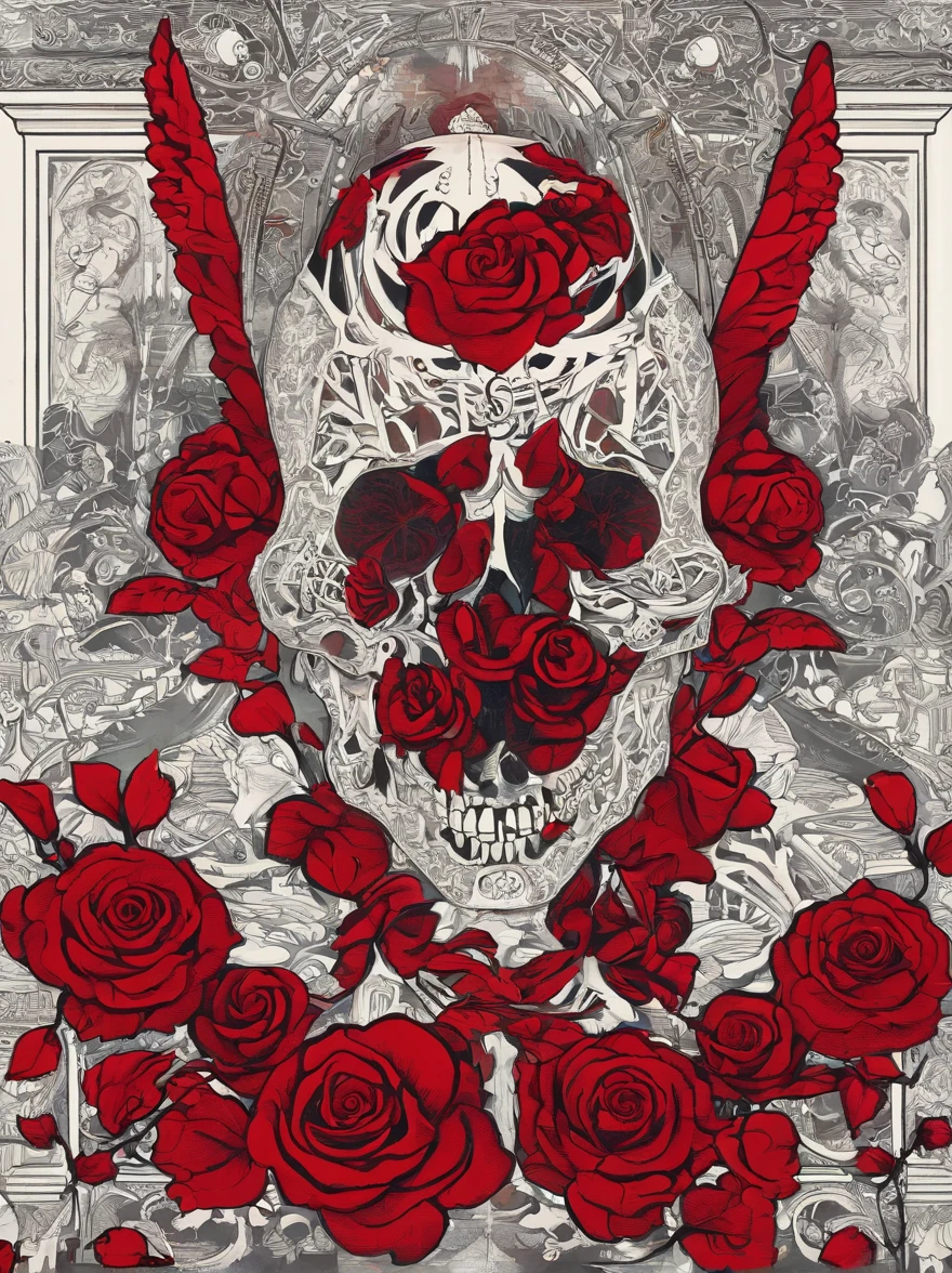 (Skeleton with red flowers on its head), (((skelleton)) ),(Dark skeletons), (skelleton:1.37),Style fusion, (Skeleton half), (The skeleton blends perfectly with the clothes),still from a music video, Skeleton made of red roses,. The rose was inspired by Hédi Sant, karol bak uhd, - Shanina Sheikh as Medusa,ultra-realistic realism,Fantasticism,Sci-fiism