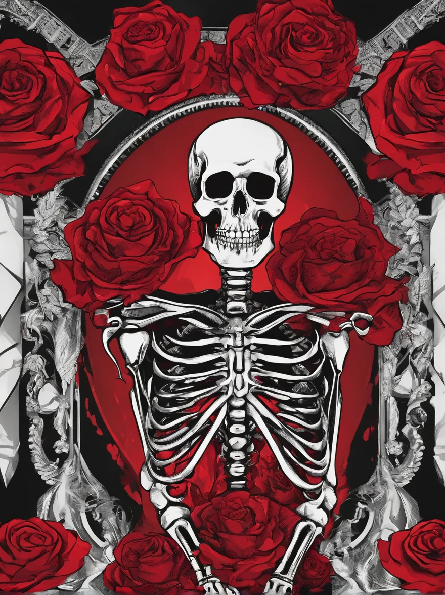 (Skeleton with red flowers on its head）, (((skelleton)) ），（Dark skeletons）, （skelleton：1.37），Style fusion, （Skeleton half）, （The skeleton blends perfectly with the clothes），still from a music video, Skeleton made of red roses,. The rose was inspired by Hédi Sant, karol bak uhd, - Shanina Sheikh as Medusa,ultra-realistic realism，Fantasticism，Sci-fiism