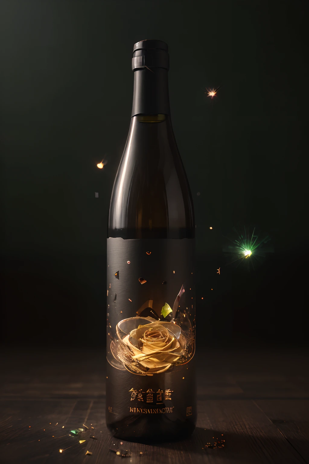 Product diagram of a wine bottle,tmasterpiece,Best quality at best,Green wine bottle (Very detailed CG unity 8ak type paper),(The highest quality),(The best bottle noodles),(The most fallen Mingxiang》 (rose elements),(Black Themes),(with light glowing),(particle effect)。,Isometric 3D, Octane rendering,Ray traching,