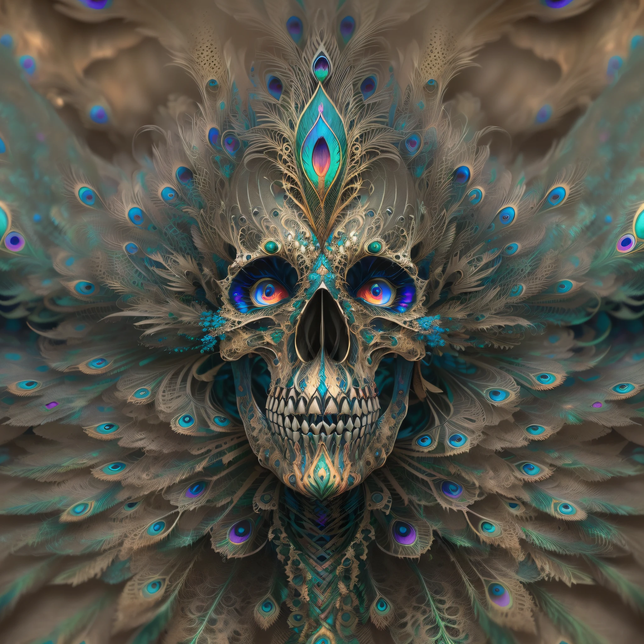 （skeleton head），The is very detailed，（s fractal art：1.2），Extremely colorful,Mostly a lot(Peacock feathers),Most detailed， (abstract backgrounds:1.5), (many color:1.4), ((Best quality,4K,8K,A high resolution,Masterpiece:1.2)),((super ultra detail)),((Realistic,Photorealistic,photo-realistic:1.37))