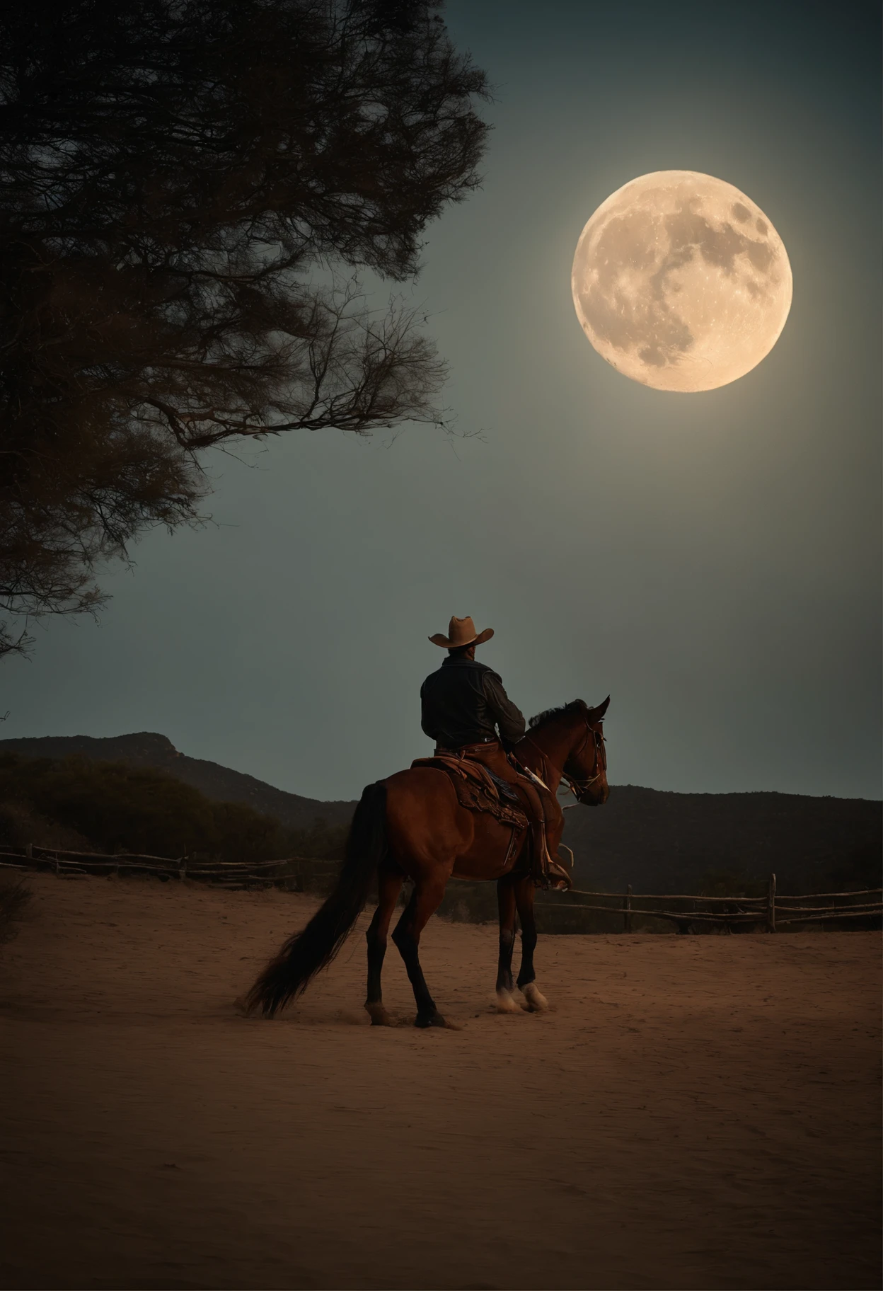 There is a man on a horse in front of a full moon, Andar a cavalo na lua, vaqueiro, Cowboy na Faixa, Back photo of a cowboy, No Velho Oeste, O Cowboy no Estranho Oeste, Velho Oeste, Lone guard, sonho de vaqueiro, quadrinhos ocidentais inspirados, lonely rider, Directed by: Cindy Wright, space western, Fotografia Moonwalker