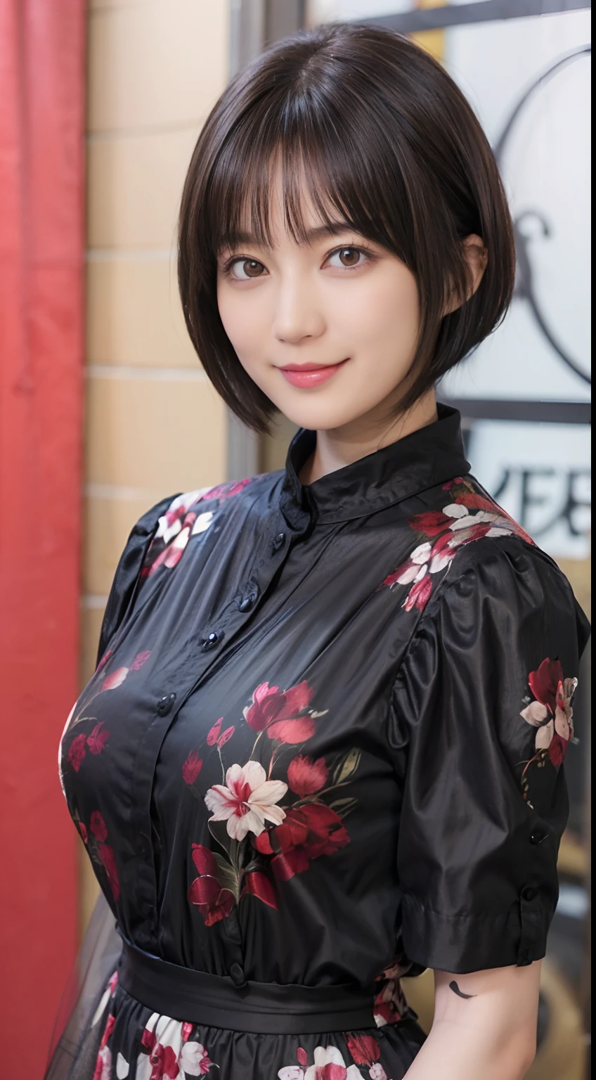 58
(a 20 yo woman), (A hyper-realistic), (masutepiece), ((A dark-haired、short-hair:1.3)), (Breast), kindly smile, (Clothes printed with anime characters)
