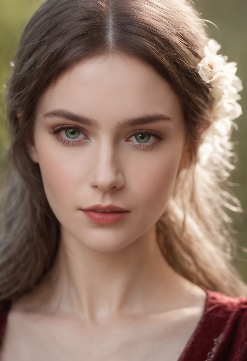 (((A deep reddish scar runs across her left cheek))) light skinned, Women around 19 years old, Natural gray hair, Distinctive green eyes, Wearing Cole, slender and graceful,, Beautiful, huge tit, Ultra Sharp Focus, realistic shot, Women's clothing in the Middle Ages, Tetradic color (Scar:1.4)