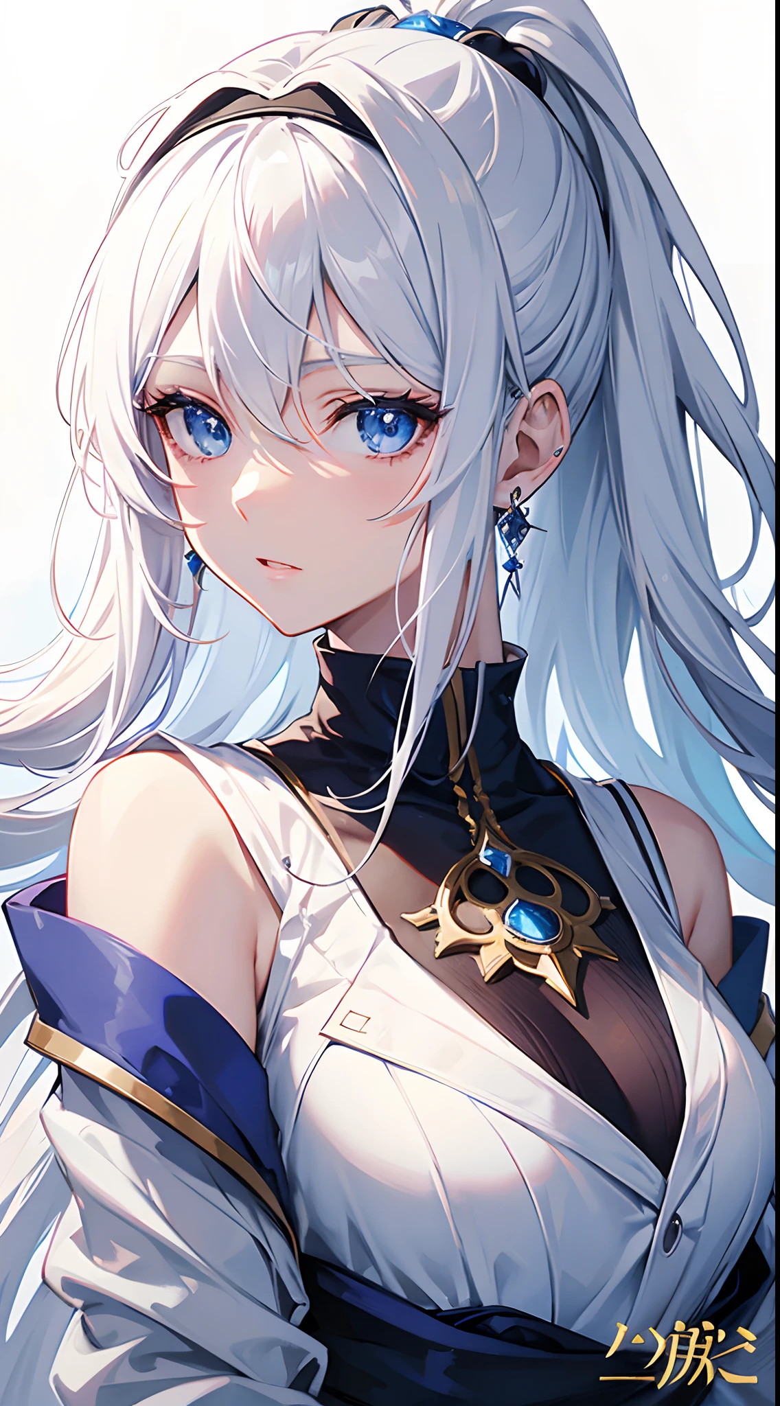 Cover magazine, anime, woman, solo, long hair, white hair, blue eyes, model, beautiful, fantasy, Casual clothes. Hair accessories. Unusual hairstyles. Earrings. Upper body potrait. Ponytail