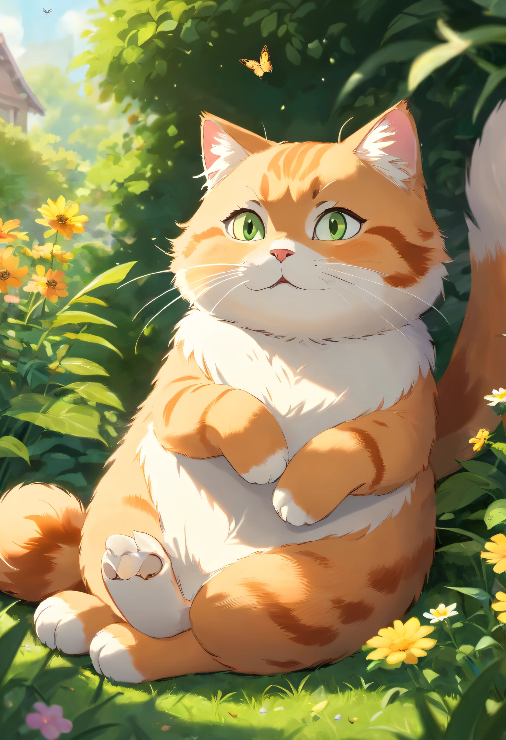 (best quality,4k,8k,highres,masterpiece:1.2),ultra-detailed,(realistic,photorealistic,photo-realistic:1.37),orange fat cats,gorgeous fur texture,big round eyes,cute button nose,playful expressions,curled tails,fluffy paws,stretching lazily,colorful and vibrant,filled with sunlight,stunning lighting effects,adorable chubby cheeks,cat toys scattered around,happy and contented cats,resting on a soft cushion,basking in the warm glow,whiskers twitching,delightful details,sharp focus,beautifully captured moments,calm and tranquil atmosphere,peaceful garden setting,lush green plants and flowers,butterflies dancing in the air,serene and peaceful,blissful scene,majestic shadows,playful kittens exploring their surroundings.