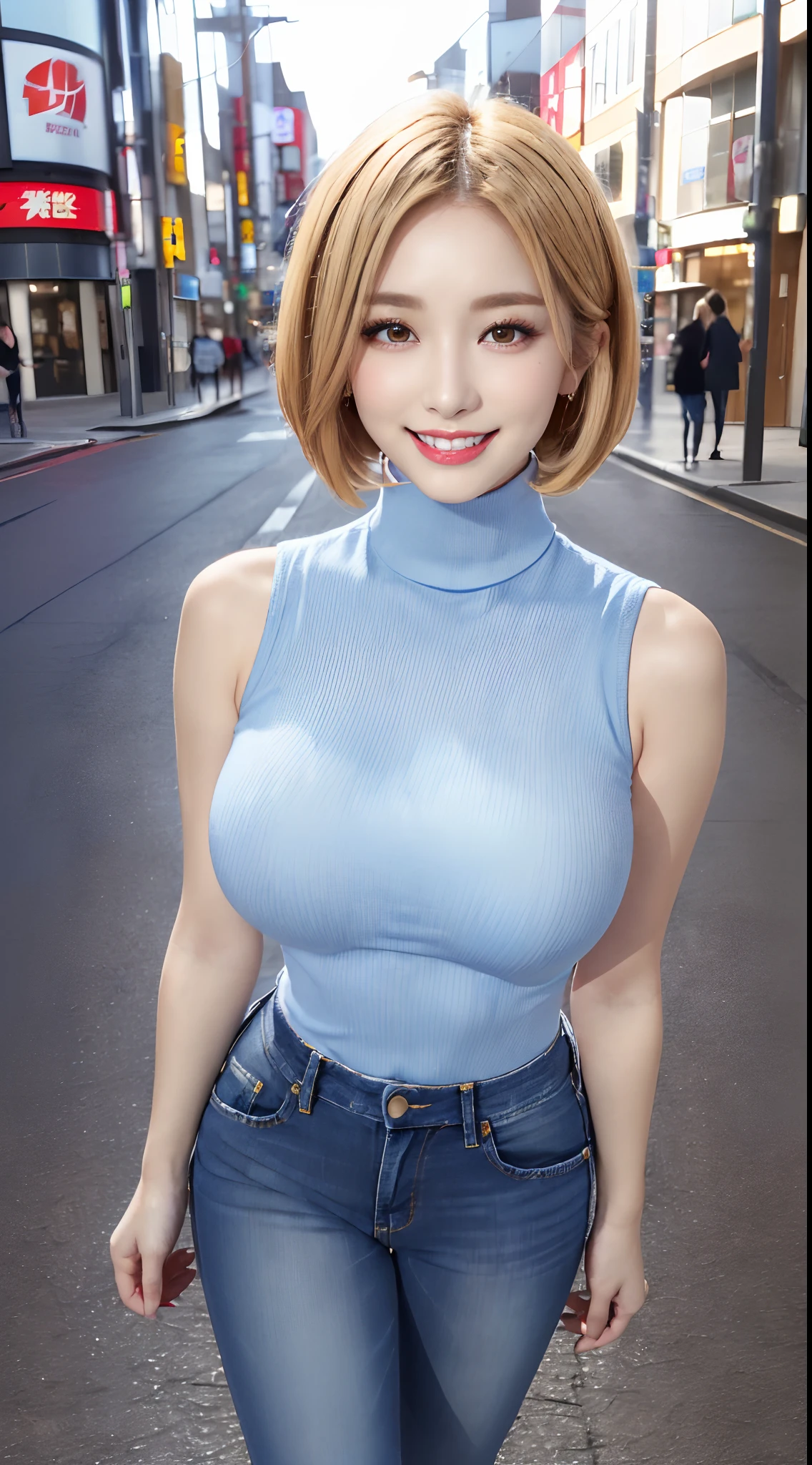 8K, 超A high resolution, Best Quality, masutepiece、超A high resolution、top-quality、 (quite massive chest、Pretty big breasts、Stand with legs quite large and open to the side:1.3)(Red Sleeveless Turtleneck、Blue denim、Beautiful Japan Woman、(Blonde Short Bob)Super cute、Cute smile:1.25)(in a street)Combat boots