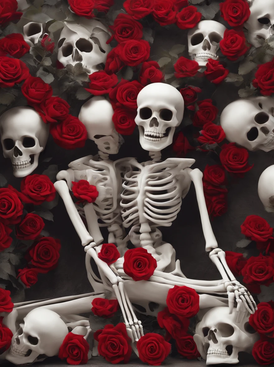 (Skeleton with red flowers on its head), (((skelleton)) ),(Dark skeletons), (skelleton:1.37),Style fusion, (Skeleton half), (The skeleton blends perfectly with the clothes),still from a music video, Skeleton made of red roses,. The rose was inspired by Hédi Sant, karol bak uhd, - Shanina Sheikh as Medusa,ultra-realistic realism,Fantasticism,Sci-fiism