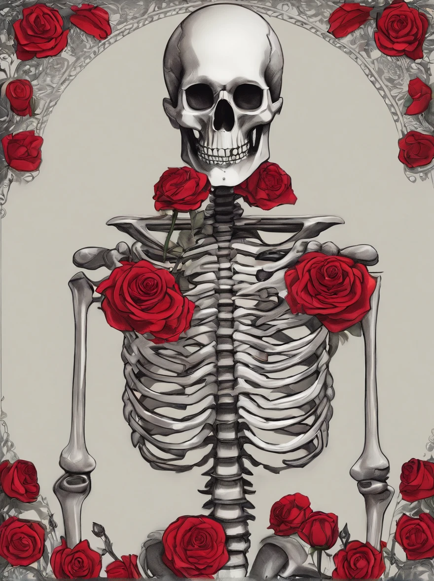 (Skeleton with red flowers on its head), (((skelleton)) ),(Dark skeletons), (skelleton:1.37),Style fusion, (Skeleton half), (The skeleton blends perfectly with the clothes),still from a music video, Skeleton made of red roses,. The rose was inspired by Hédi Sant, karol bak uhd, - Shanina Sheikh as Medusa,ultra-realistic realism,Fantasticism,Sci-fiism