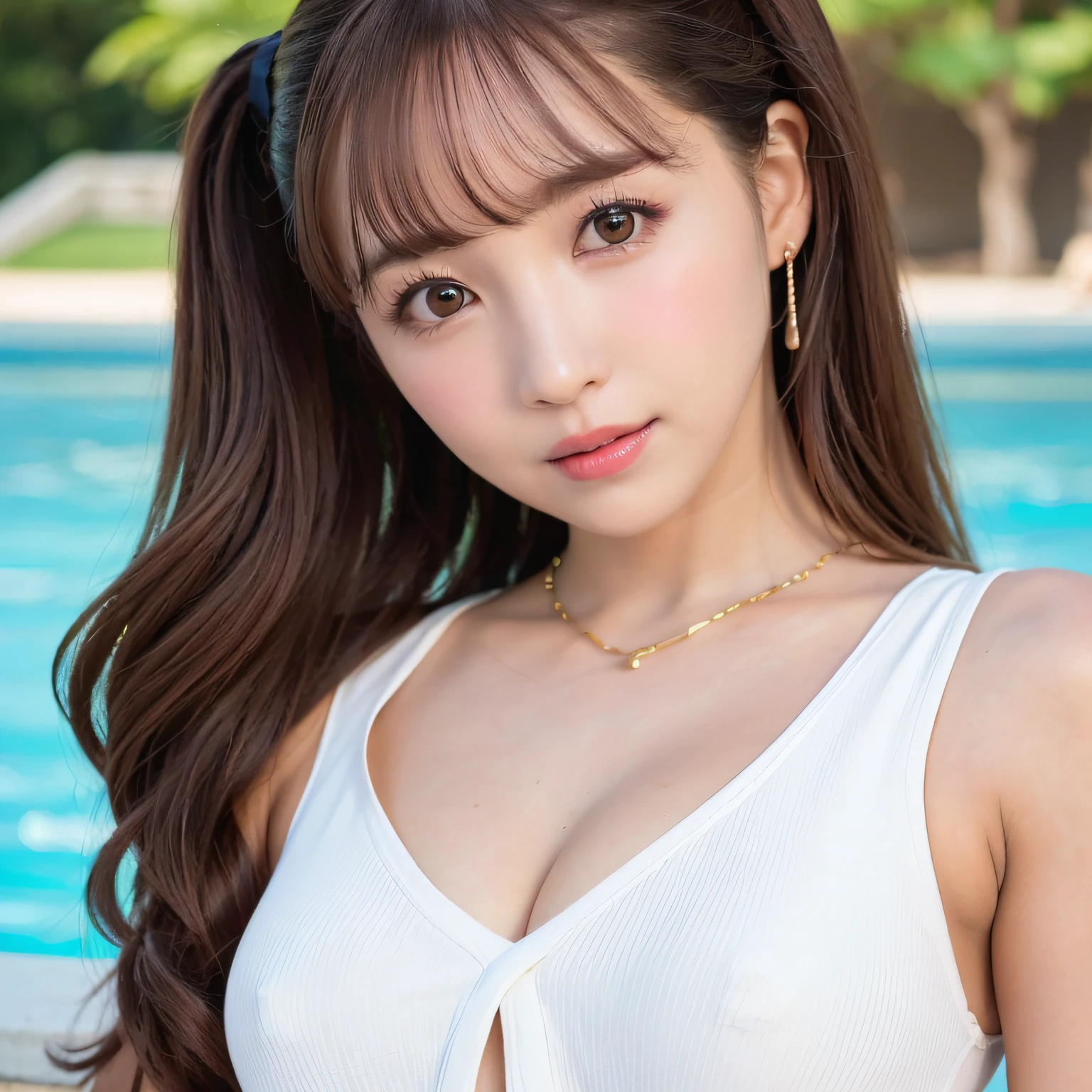 pureerosface_v1, top-quality, Photorealsitic, 8K, hight resolution, 2People Girls, femele, (Skindentation), (portlate:0.6), a gorgeous, dynamicposes, ((poolsidebackground:1.6)), coconut tree, ((Medium Size Round Breast, White blouse:1.4)), straight look at viewer:1.8, (1 Girl's eyes looking at the viewer, medium lenght hair, brown haired, Putted Bangs:1.65), (bokeh dof), (Keep your mouth shut:1.46),a necklace、 twintails hair style,