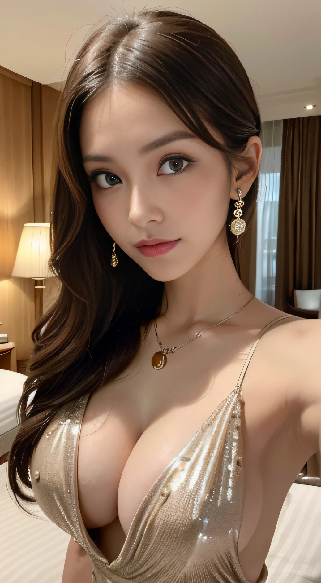 (((masutepiece:1.4, Best Quality:1.4, 8K,))),((FULL BODYSHOT))((Large breasts:1.5)), Slim abs, Super long hair、brownish hair with a slight curl、(Mini dress with Hermès pattern)、 See-through sleeves, 超A high resolution, Physically Based Rendering, Portrait, Super Beautiful Sexy Woman, 24 year old, Detailed Big Eyes, Detailed thin eyebrows, Highlights in the eyes, Half Up Dark Brown Hair, Highly detailed facial and skin texture, Crisp focus, Clear focus:1.2, Slender beauty:1.4, oval-face, Lip gloss, Clear facial features, Gentle smile, ((Hotel room at night:1.4)), Warm fireplace,