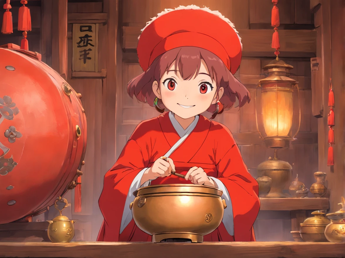 Grandmother in red(ssmile):Of course,My baby。The copper drum symbolizes strength in Zhuang culture、Unity and glory。