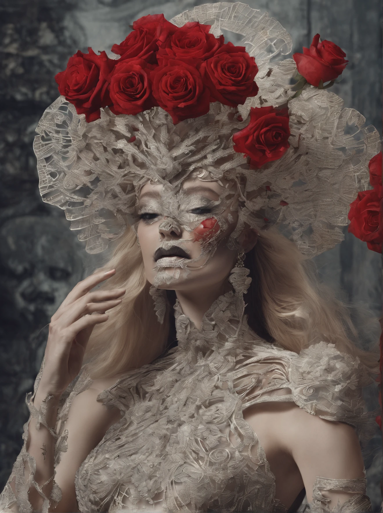 (Skeleton with red flowers on its head), (skelleton:1.37),(Dark skeleton), (skelleton:1.37),Style fusion, (Skeleton half), (The skeleton blends perfectly with the clothes),still from a music video, Skeleton made of red roses,. The rose was inspired by Hédi Sant, karol bak uhd, - Shanina Sheikh as Medusa, Image from《vogue》Magazines, author:Hedi Xandt, Photography from《vogue》Magazines, 《vogue》Official editorial, Pat McGrath