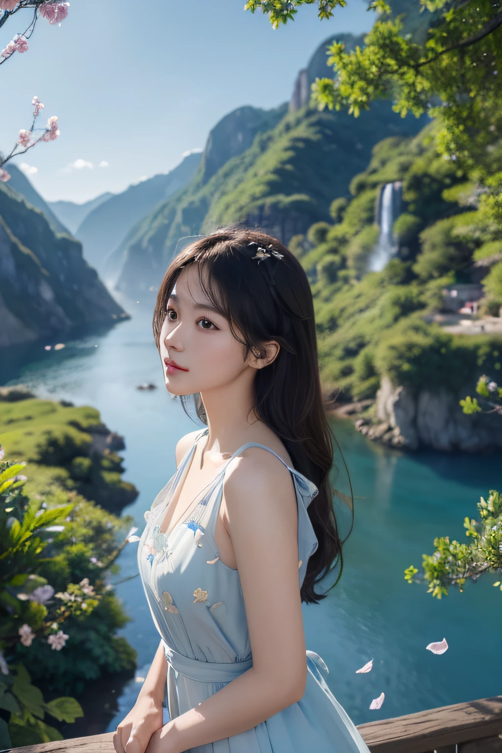 Masterpiece, Best quality, (Very detailed CG unity 8K wallpaper) (Best quality), (Best Illustration), (Best shadows) Nature', Blue sea,delicate leaves petals of various colors falling in the air light Tracking, ultra - detailed