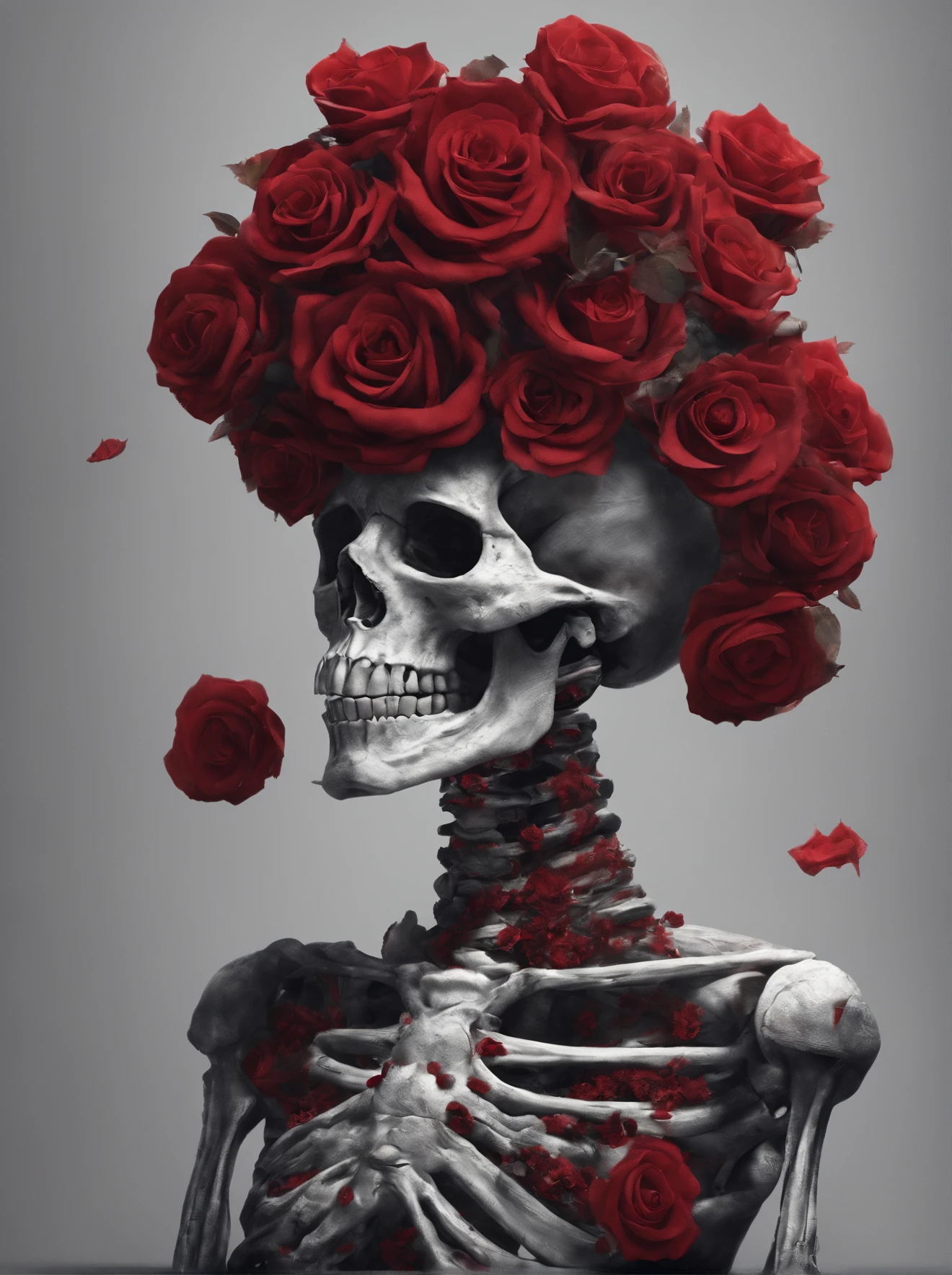(Skeleton with red flowers on its head), (((skelleton)) ),(Dark skeletons), (skelleton:1.37),Style fusion, (Skeleton half), (The skeleton blends perfectly with the clothes),still from a music video, Skeleton made of red roses,. The rose was inspired by Hédi Sant, karol bak uhd, - Shanina Sheikh as Medusa,ultra-realistic realism,Fantasticism,Sci-fiism