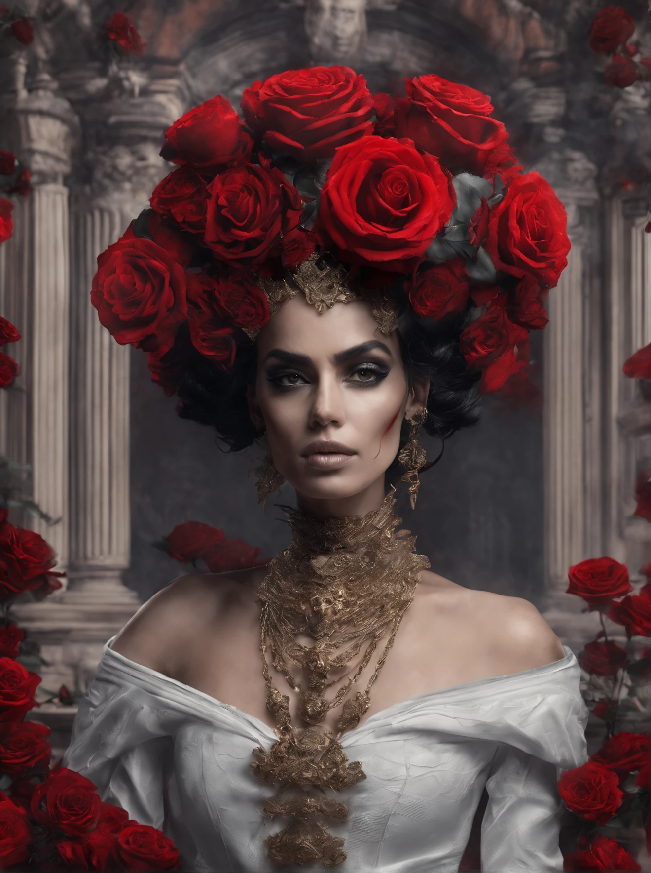 (Skeleton with red flowers on its head), (((skelleton)) ),(Dark skeletons), (skelleton:1.37),Style fusion, (Skeleton half), (The skeleton blends perfectly with the clothes),still from a music video, Skeleton made of red roses,. The rose was inspired by Hédi Sant, karol bak uhd, - Shanina Sheikh as Medusa,ultra-realistic realism,Fantasticism,Sci-fiism
