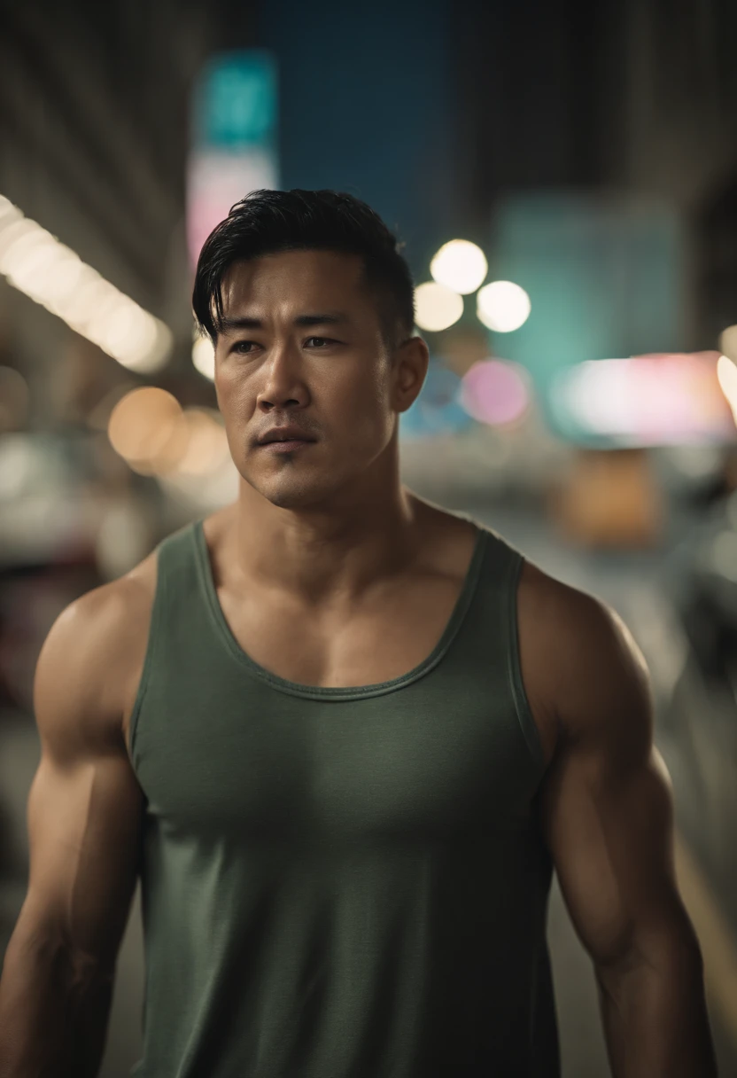 jay chow，Strong muscular man, street angry, Gorgeous realism, Photo, Faded, complex stuff around, the complex background, Wet, com cores neutras, ((((NFFSW)))), (((( pastel colour)))), Complex scenes, art  stations, Intricate details, Vignette