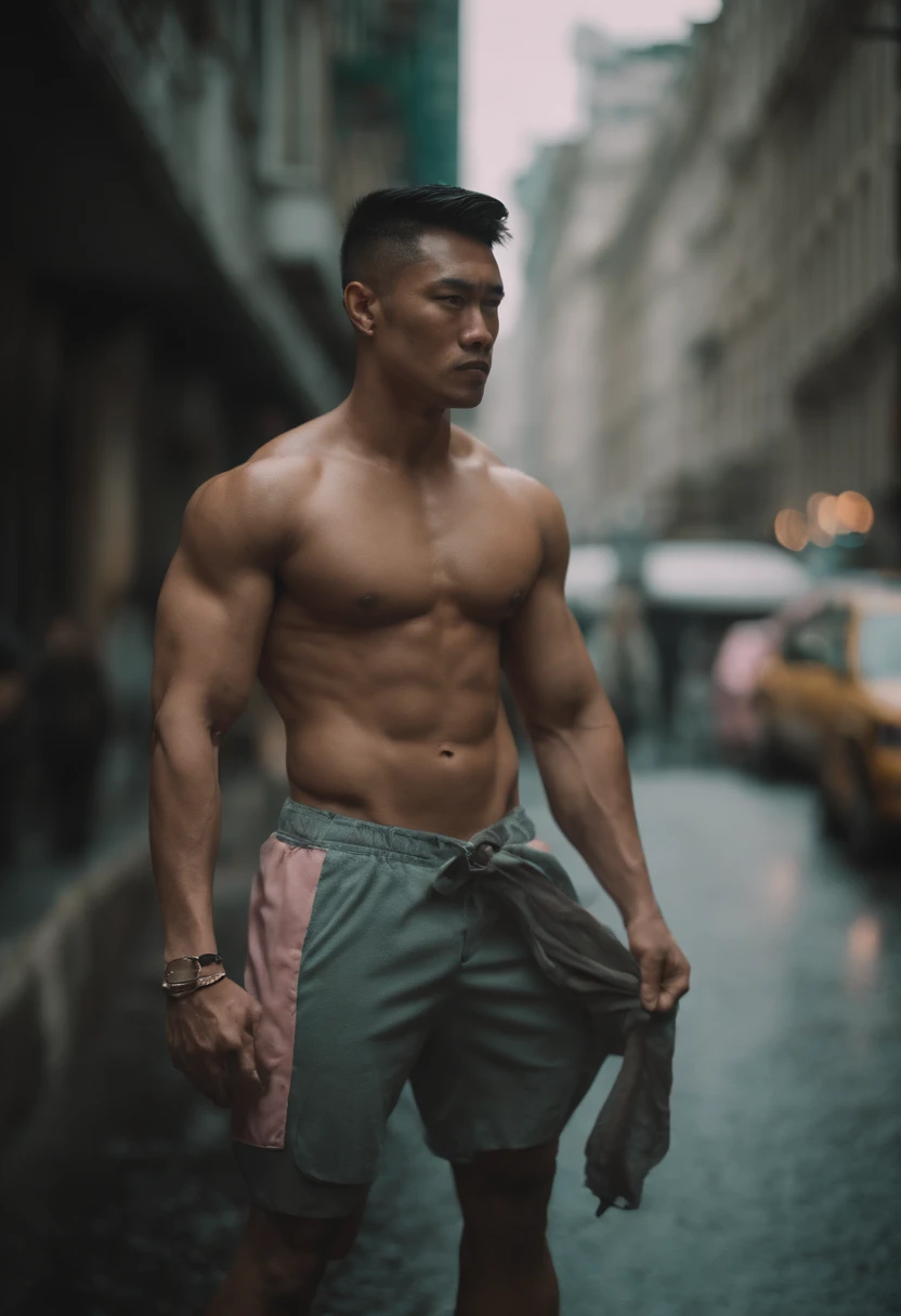 jay chow，Strong muscular man, street angry, Gorgeous realism, Photo, Faded, complex stuff around, the complex background, Wet, com cores neutras, ((((NFFSW)))), (((( pastel colour)))), Complex scenes, art  stations, Intricate details, Vignette