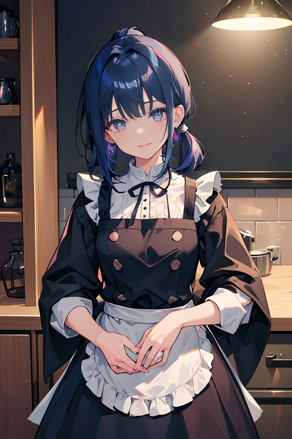 girl, witch and apron outfit, using magic, looking towards to viewer, kitchen scene, morning, streaked hair, colored inner hair, dark blue hair, braided ponytail, bangs, ribbon, glowing eyes, crescent earrings, light smile, light blush, anime, Surrealism, depth of field, cinematic lighting, motion blur, masterpiece, best quality