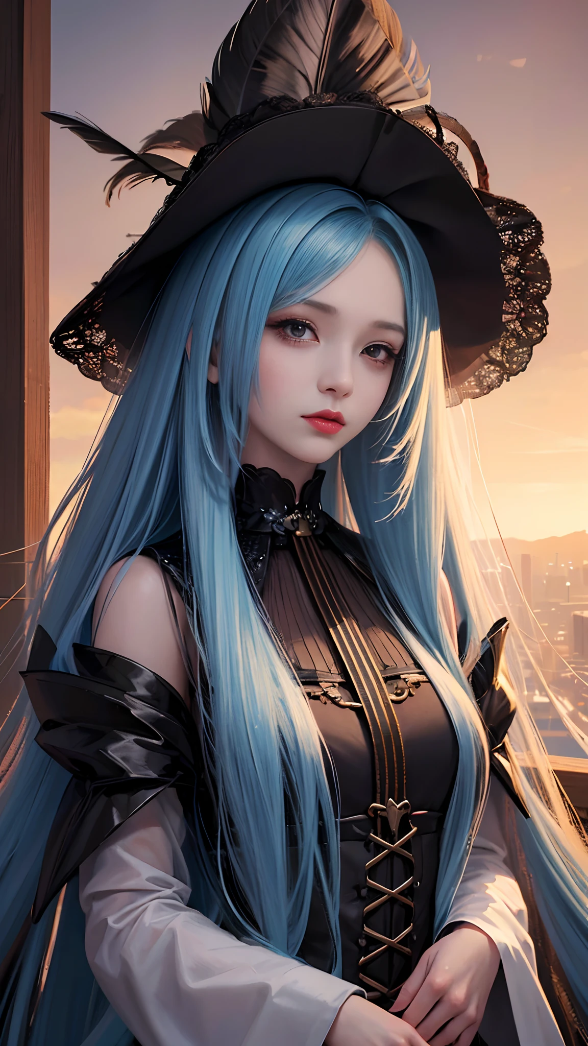 Drawing a woman with long hair and a feather hat, detailed portrait of anime girl, portrait anime girl, Artgerm. High detail, stunning anime face portrait, digital anime art, art germ. Anime illustration, detailed digital anime art, anime girl portrait, Guvez style artwork, realistic digital art 4k, realistic digital art 4k, realistic, aesthetic.