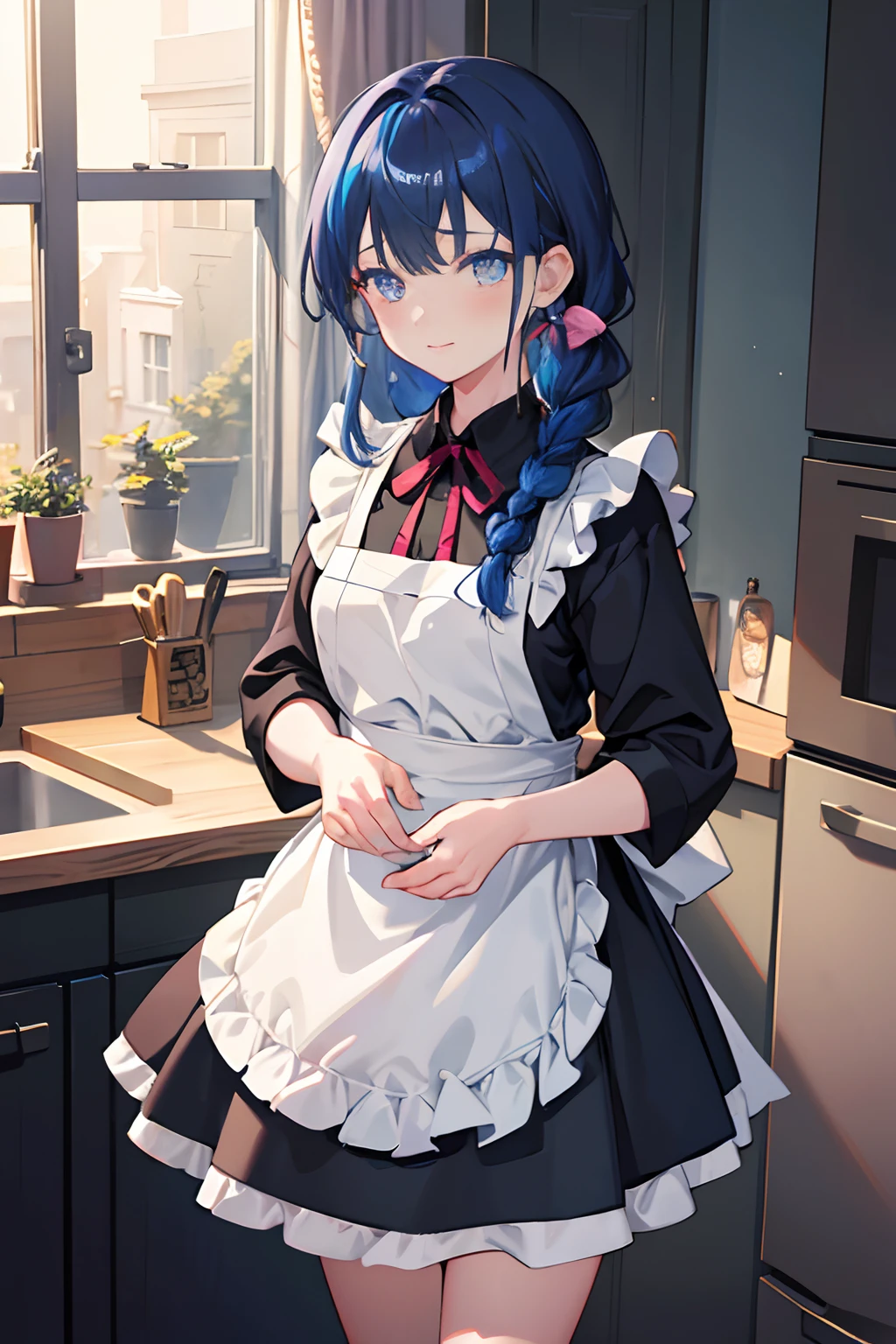 girl, witch and apron outfit, using magic, looking towards to viewer, kitchen scene, morning, streaked hair, colored inner hair, dark blue hair, braided ponytail, bangs, ribbon, glowing eyes, crescent earrings, light smile, light blush, anime, Surrealism, depth of field, cinematic lighting, motion blur, masterpiece, best quality