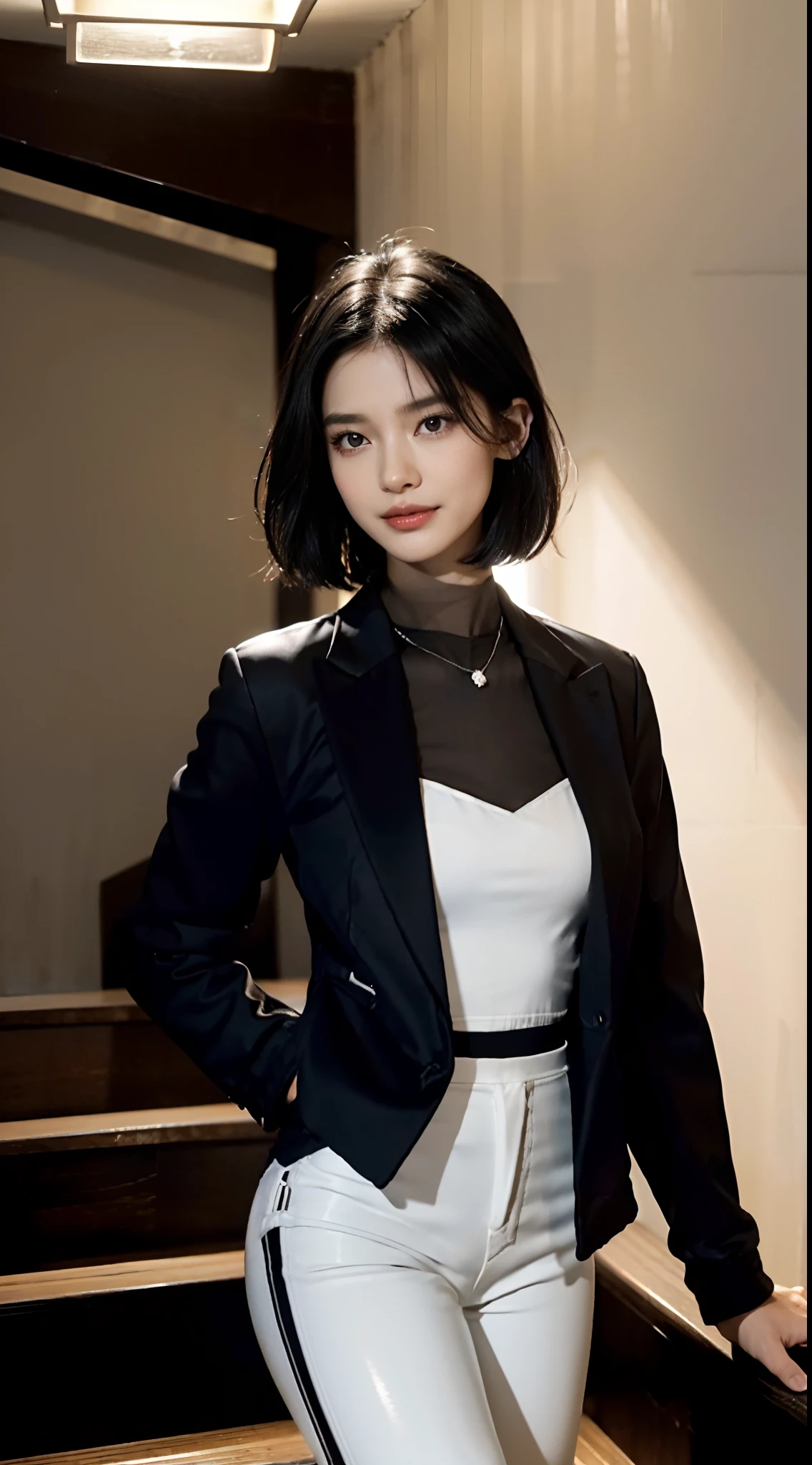 (shoulder length straight short hair: 1.1),(black hair:1.3),(Extremely meticulous CG 8k wallpaper），（Extremely refined and beautiful），（Masterpiece），（best qualtiy：1.0），（Ultra High Resolution：1.0），beautiful light up，Perfect lightning，realistic shaded，[A high resolution],(Smooth and flawless fair skin:1.5),Extremely exquisite facial details,(perfect body：1.1），ultra - detailed,(A  beautiful girl:1.5)，small head,(Small breasts:1.1)，Flat chests，slim，thin，Smile，cheerfulness,(black jacket:1.5),(white shirt:1.3),(black pants:1.4),Slender legs,standing,(In the stairwell of the residential building:1.5), bright lights,Portrait photo,close shot,cowboy shot,from front