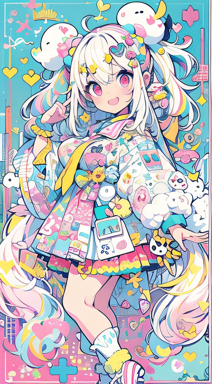 "kawaii, cute, adorable woman with pink, yellow, and baby blue color scheme. She is dressed in sky-themed clothes made out of clouds and sky motifs. Her outfit is fluffy and soft, with decora accessories like hairclips. She embodies the vibrant and trendy Harajuku fashion style." White hair, red eyes, horns, demon wings, big boobs,big ass, big lips, juicy lips, huge hair, smile