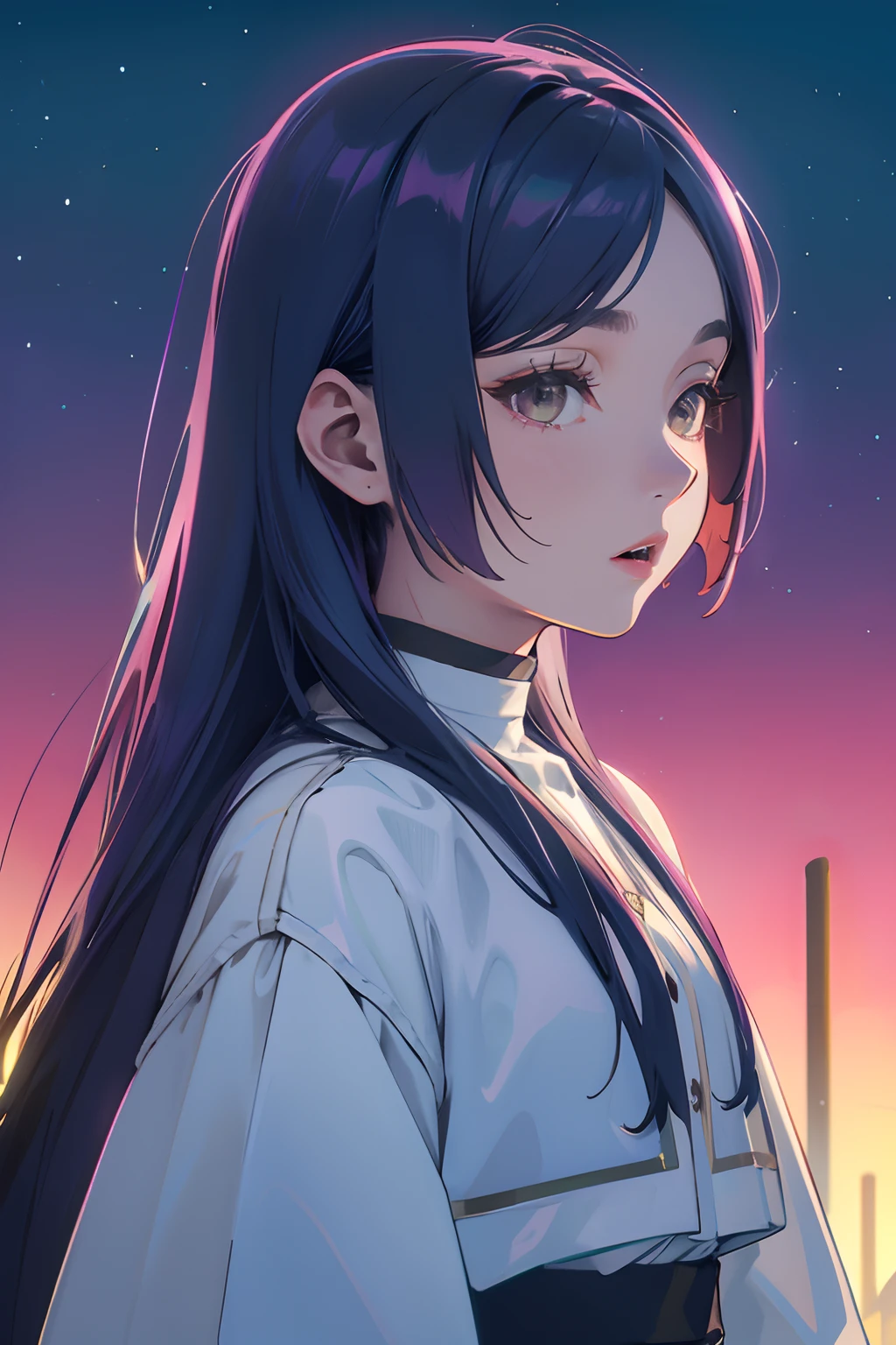 Official art, Unity 8k Wallpapers, ultra-detailliert, Beautifully Aesthetic, ​masterpiece, top-quality, realisitic, a closeup, Skindentation, Interface, A detailed eye, A detailed face, detailed hairs, black backgrounds, straight-on, looking at the viewers, The sheen, Anime, looking at viewer with a cigarette in her mouth, highly detailed with reflections transparent iridescent opaque jacket, Long transparent iridescent RGB hair, 1girl in, Solo, fronds, Long hair, Blurry, Shirt,  Parted lips, Outdoors, Floating hair, Long sleeves, White shirt, Bangs, Upper body, Open mouth, tusk, Brown eyes, Wind, Winters，Yuki，snowscape，Blurry background, day, depth of fields, bug,Funeral Freelen，Freelen，