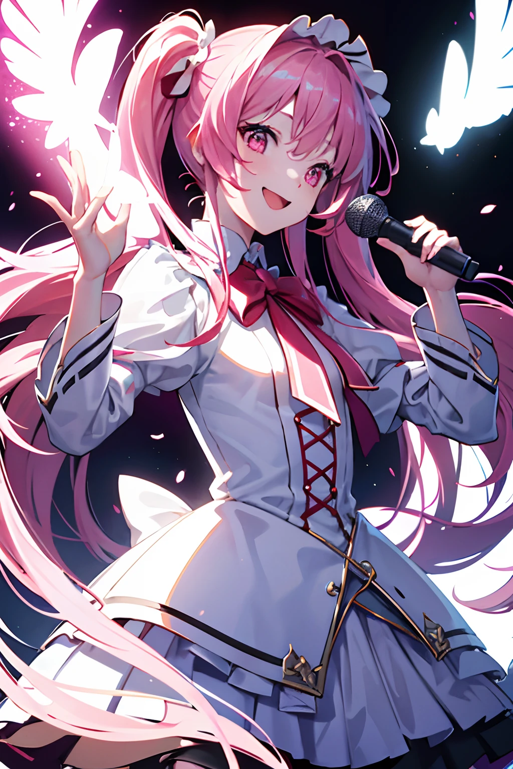 ultra-quality、masterpiece、Perfect illustration、Cheerful smile、(white:1.3)(realisitic:1.4)、Extreme detailing(exquisite light and shadow、highly dramatic picture、)strokes、1 girl in、ultra-detailliert、glistning skin、Small-faced beauty,Red ta Fashion、Microphone in left hand、Bustling background、studio、Pink eyes、Pink hair、poneyTail、Sing with your mouth open、dazzling lights