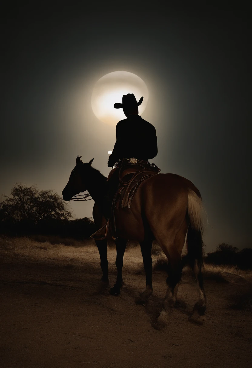 There is a woman on horseback in front of the full moon.
Andar a cavalo na lua, vaqueiro,.
Back view,. 
No Velho Oeste,.
 O Cowboy no Estranho Oeste,. 
Velho Oeste,.
 Lonely guard,. 
Lonely rider,.
 Lonely Rider,.
 Films by Cindy Wright: Cindy Wright, Space Westerns, Photografia Moonwalker,.